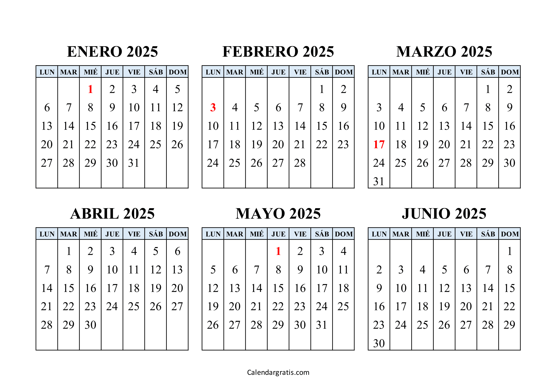Calendario enero a junio 2025 España