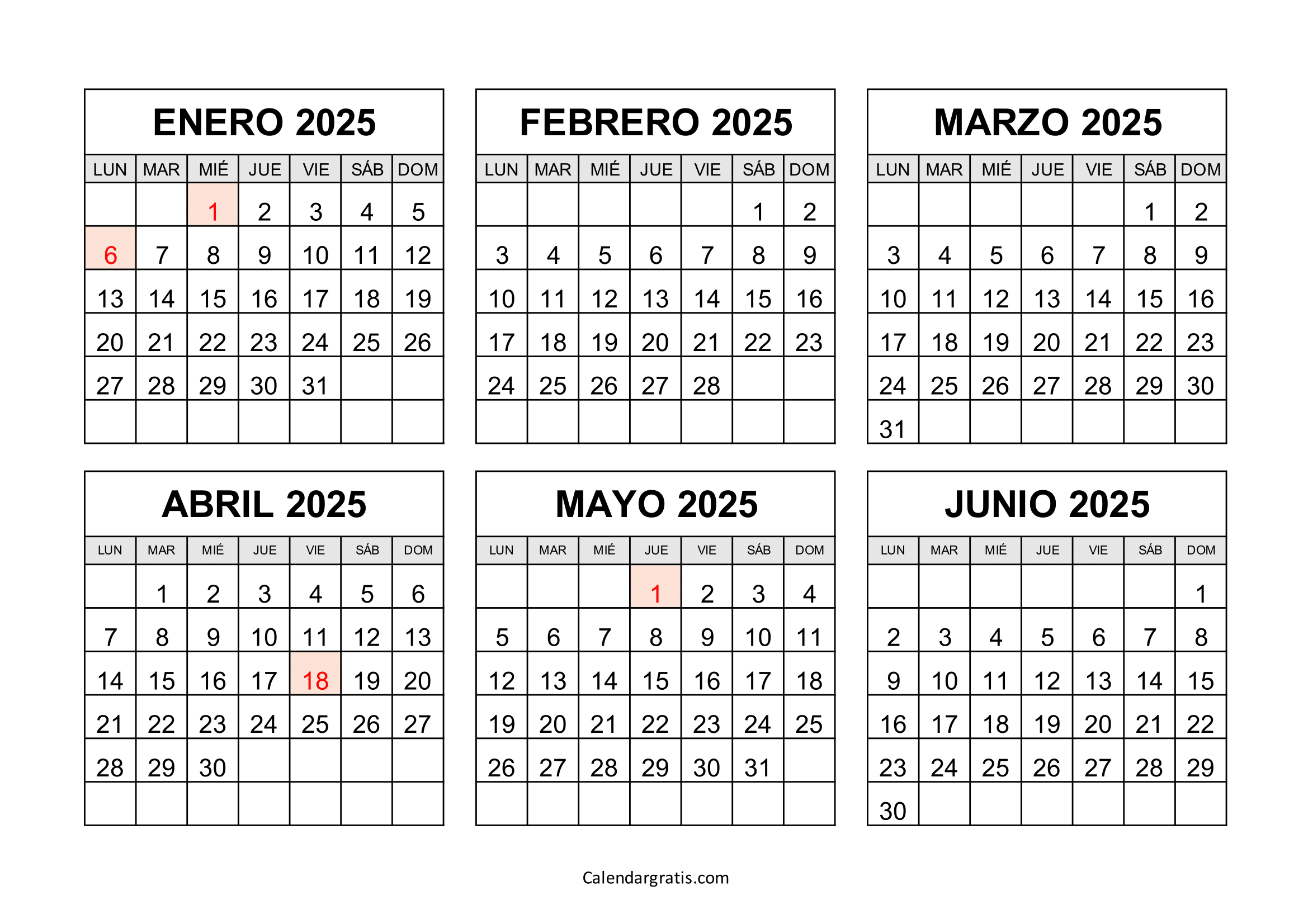 Calendario enero a junio 2025 México