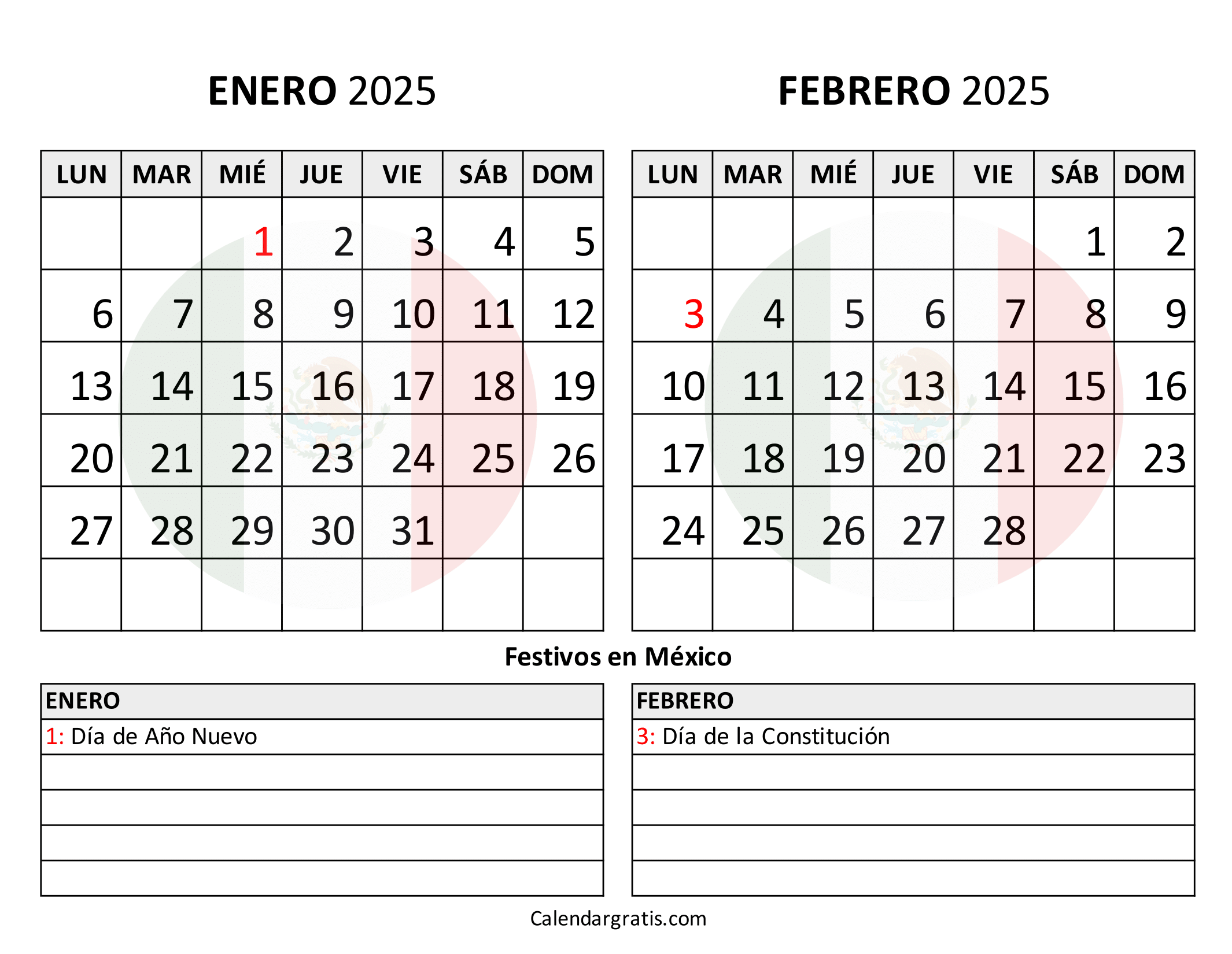 Calendario enero febrero 2025 México