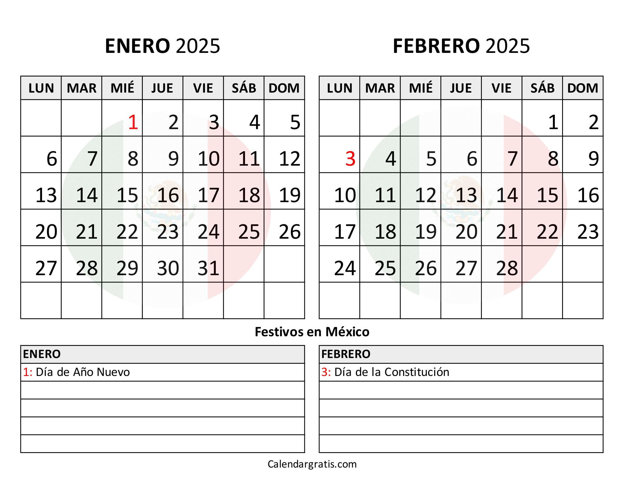 Calendario enero febrero 2025 para imprimir gratis