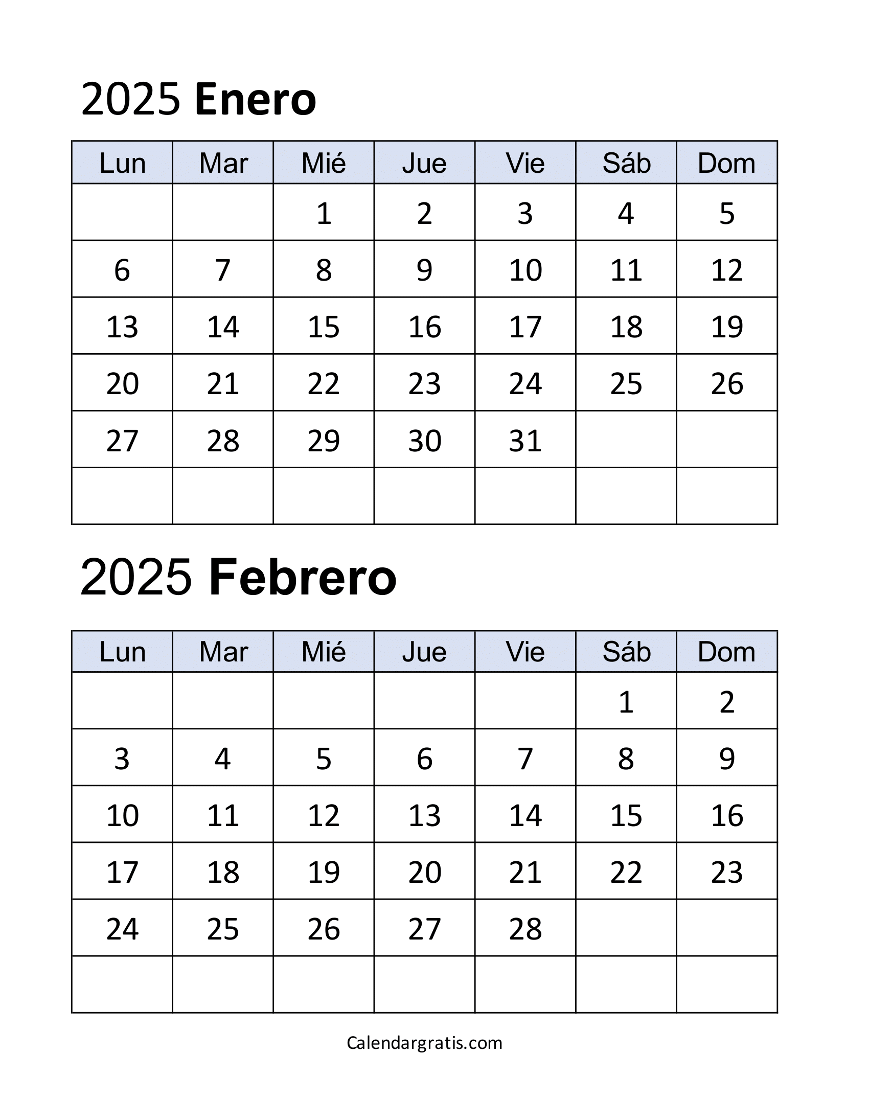 Calendario enero febrero 2025 gratuito para Imprimir