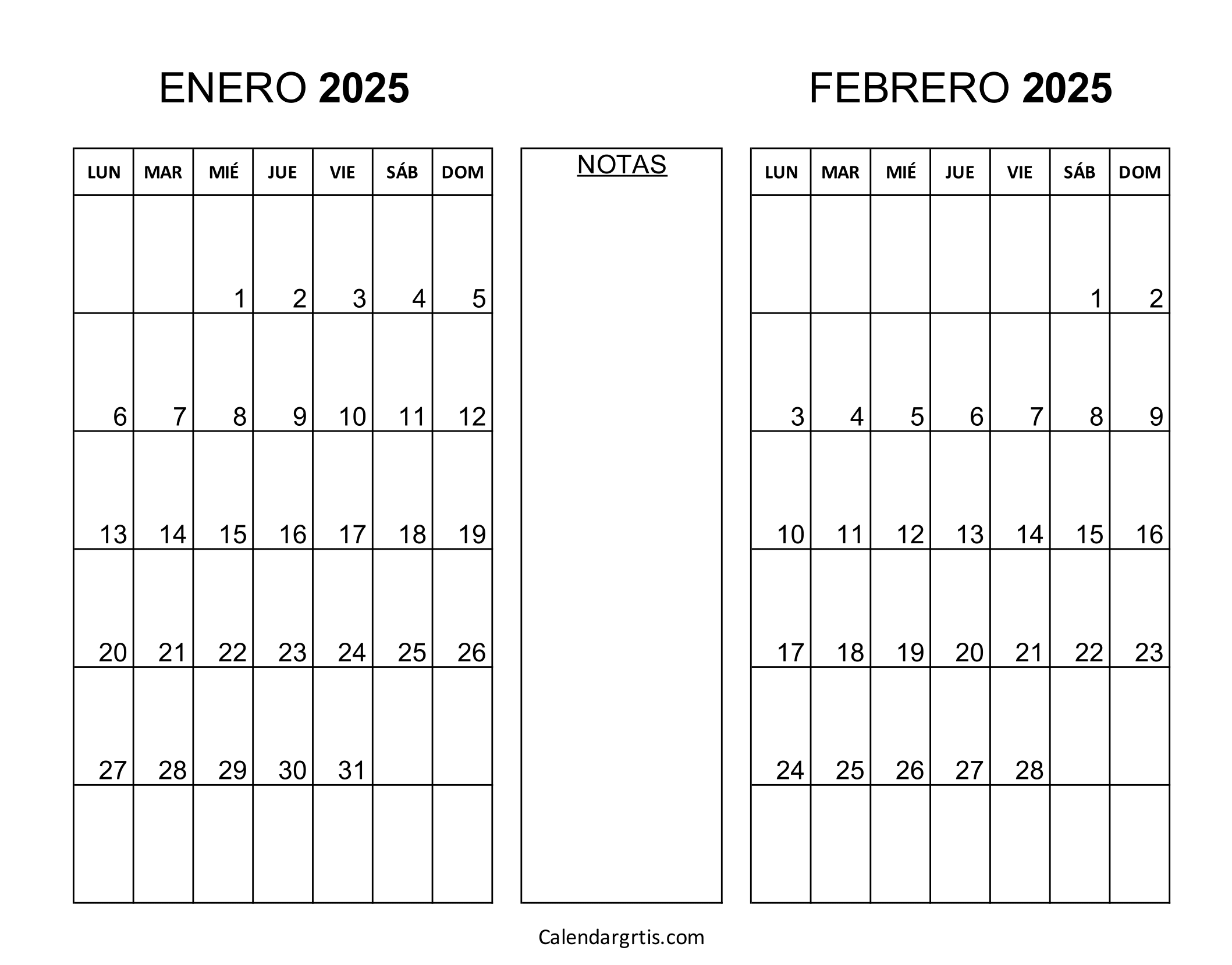 Calendario enero febrero 2025 para imprimir