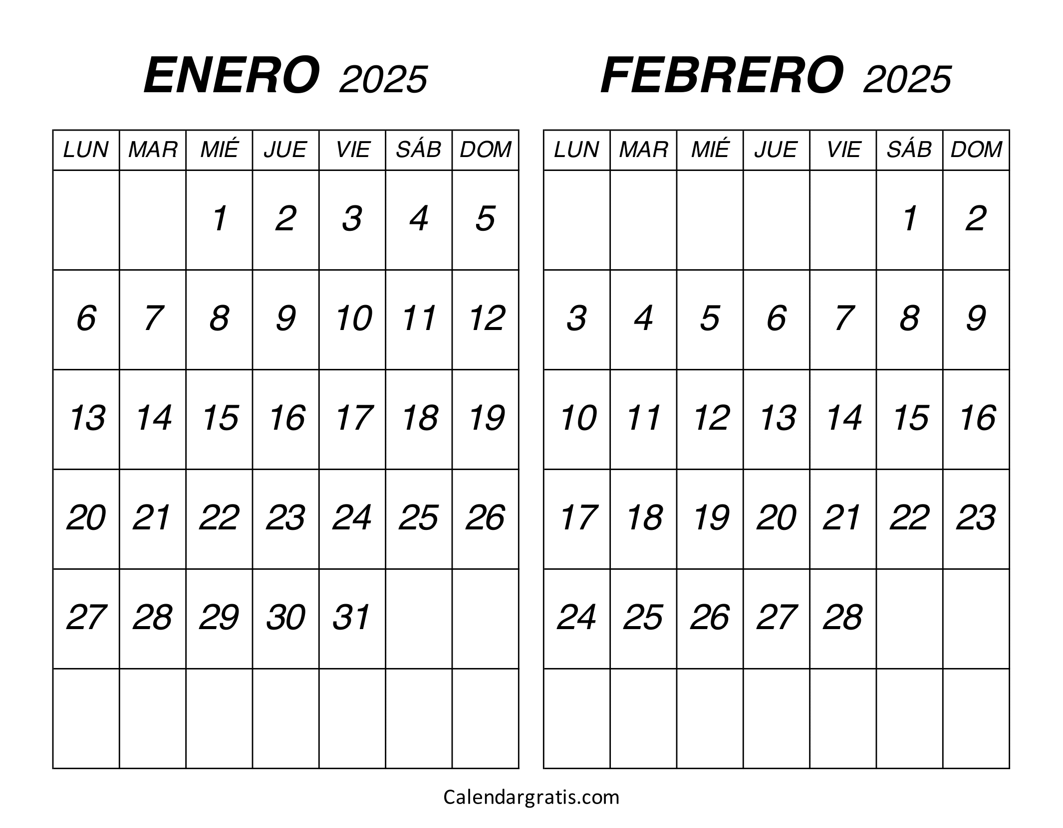 Calendario enero febrero 2025 para imprimir gratis