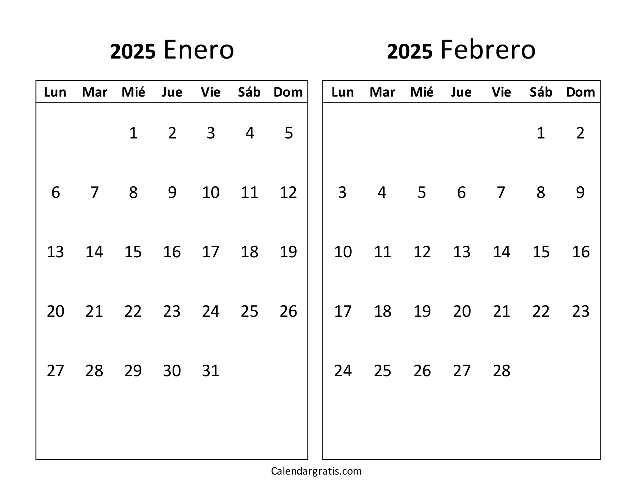 Calendario enero febrero 2025