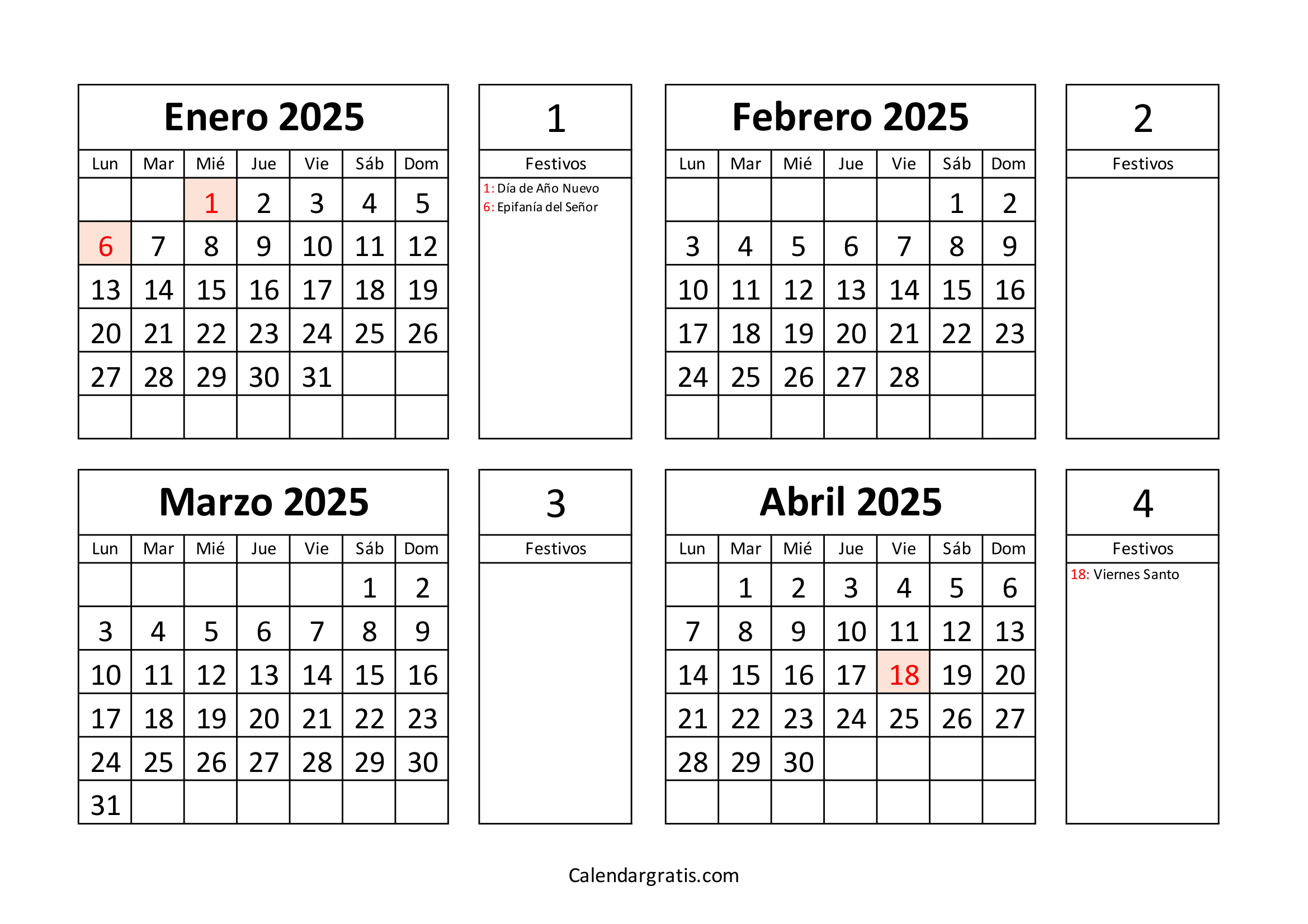 Calendario enero febrero marzo abril 2025 España