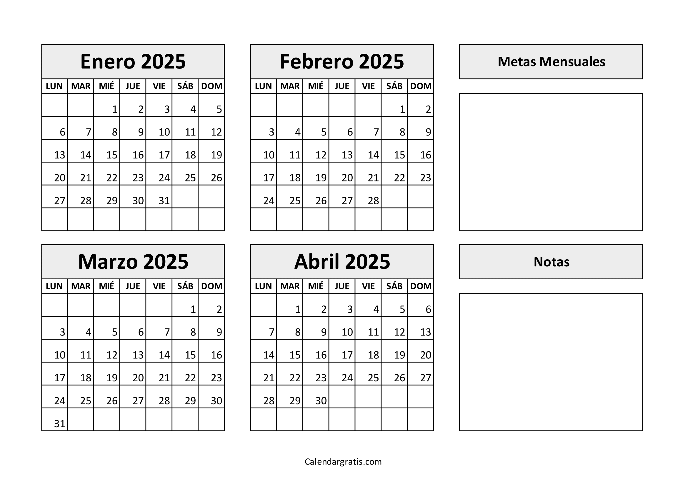 Calendario enero febrero marzo abril 2025 gratis