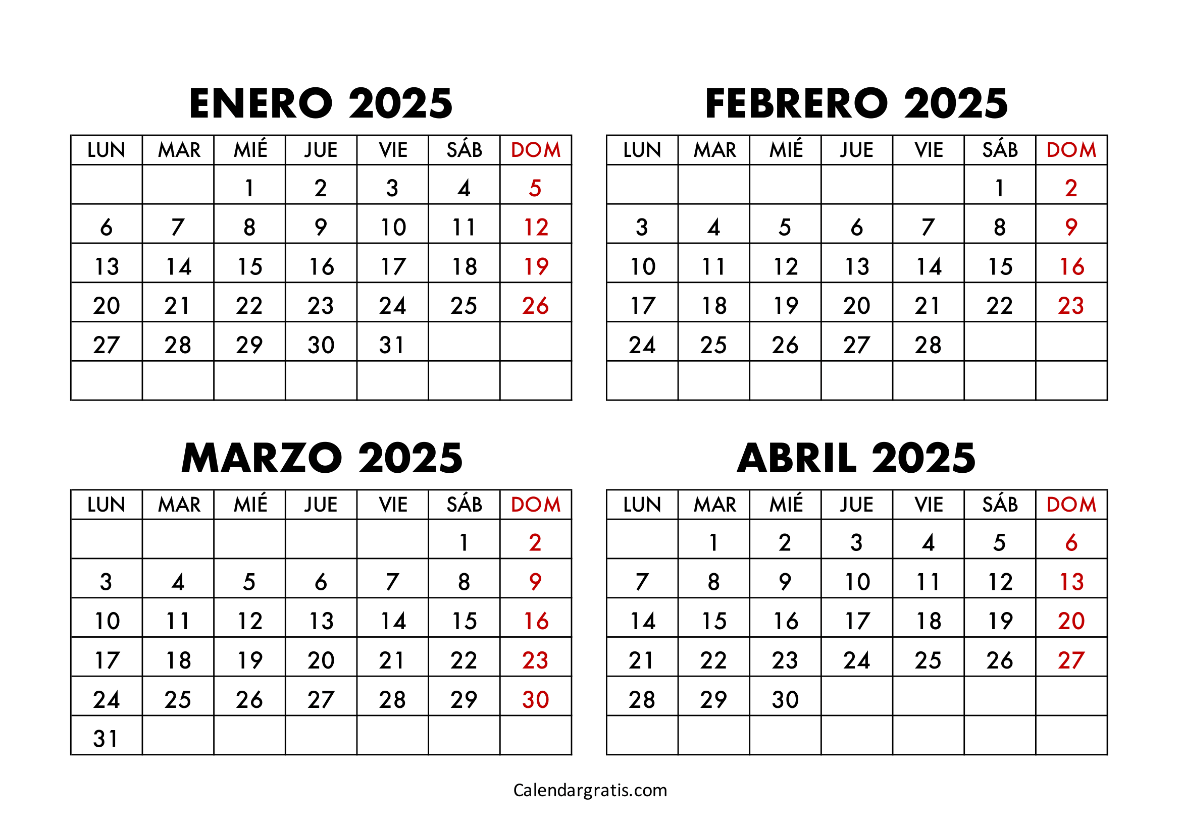 Calendario enero febrero marzo abril 2025 para imprimir