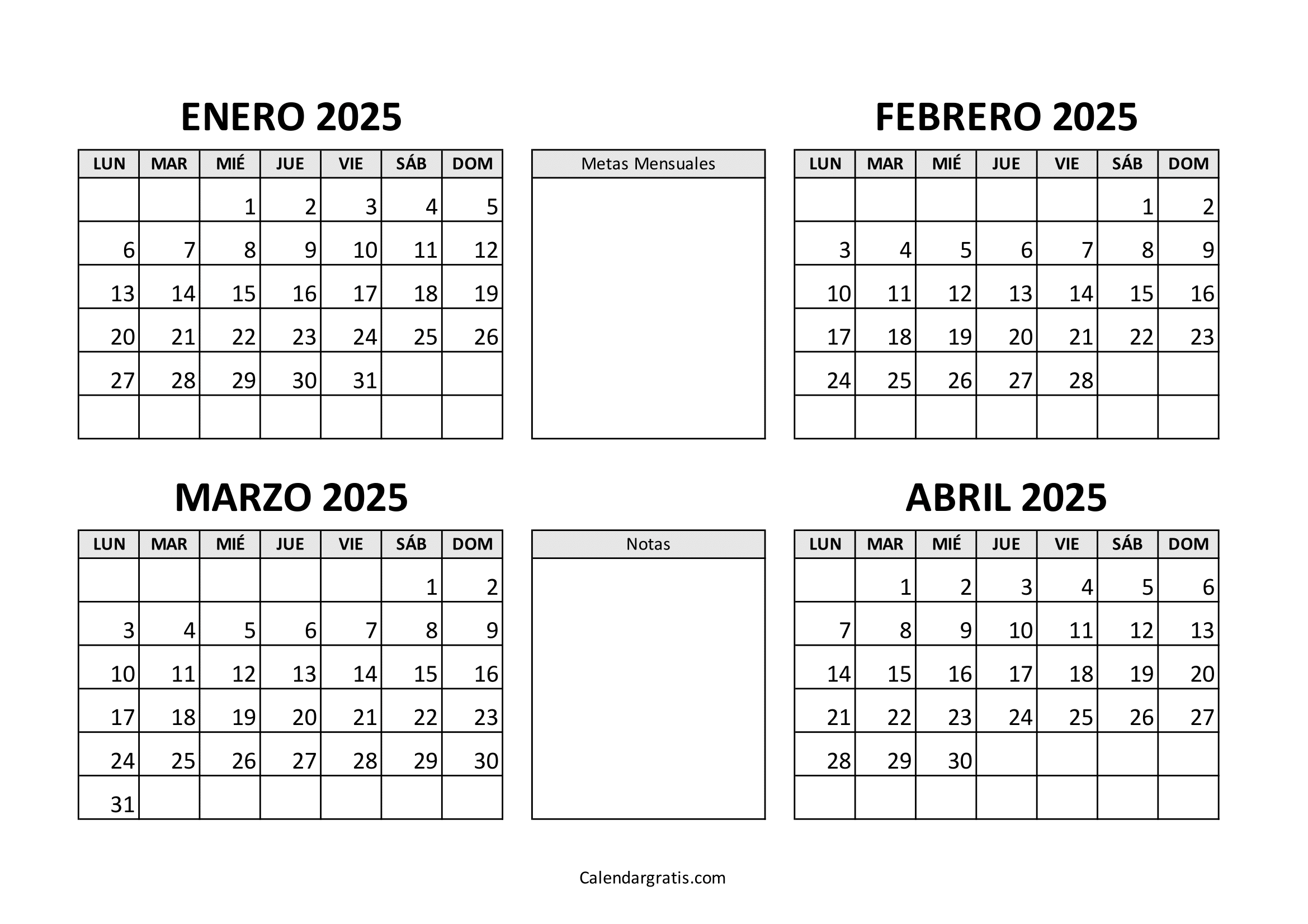 Calendario enero febrero marzo abril 2025