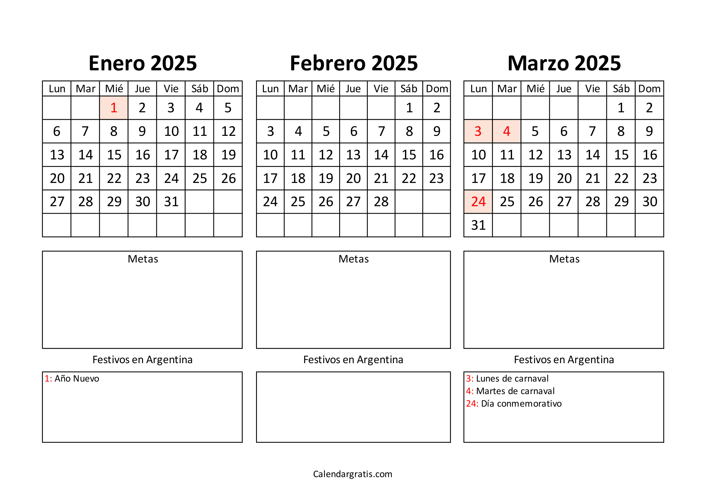 Calendario enero febrero y marzo 2025 Argentina