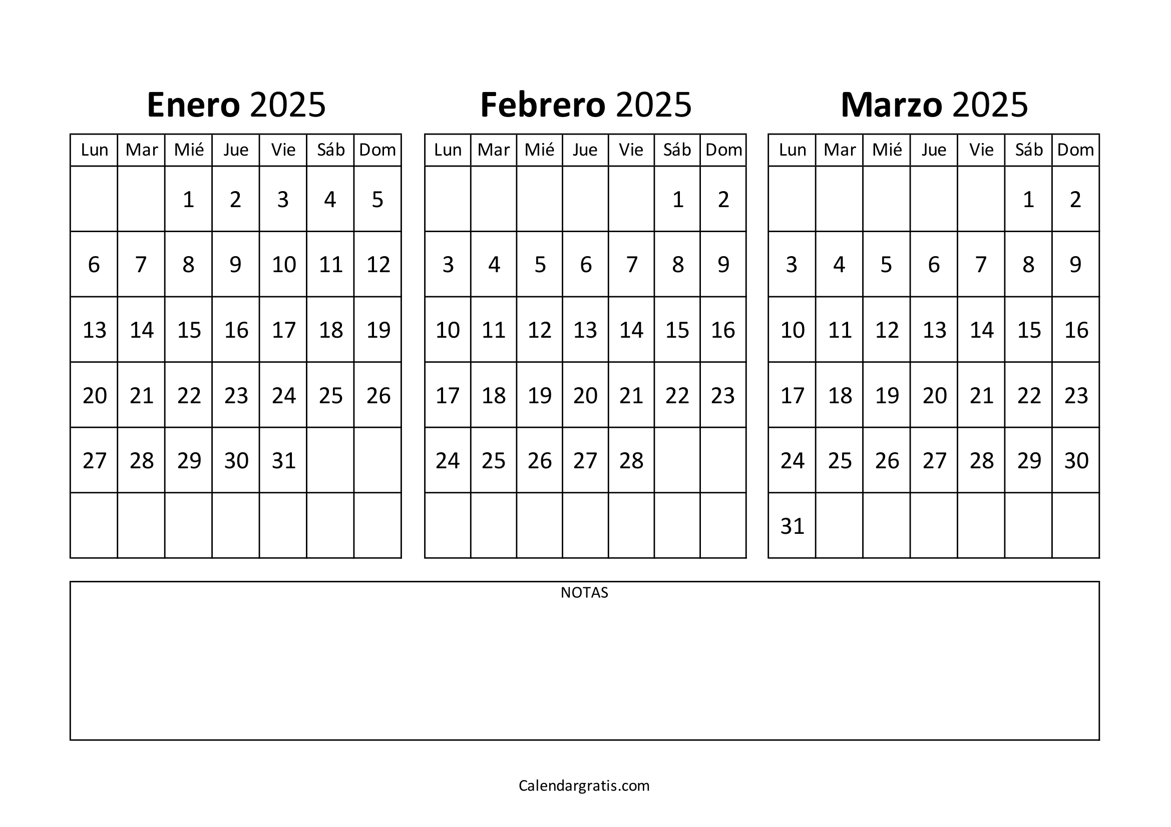 Calendario enero febrero y marzo 2025 gratis