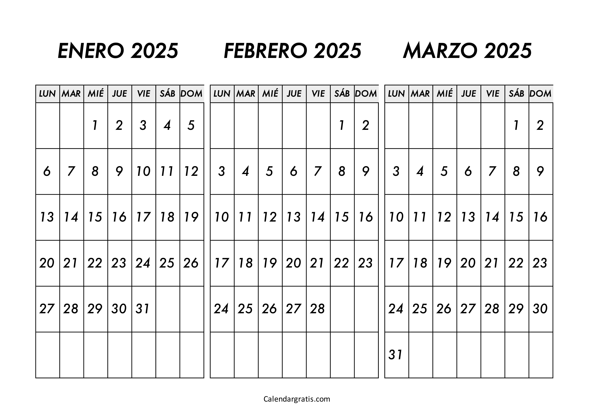 Calendario enero febrero y marzo 2025 para imprimir