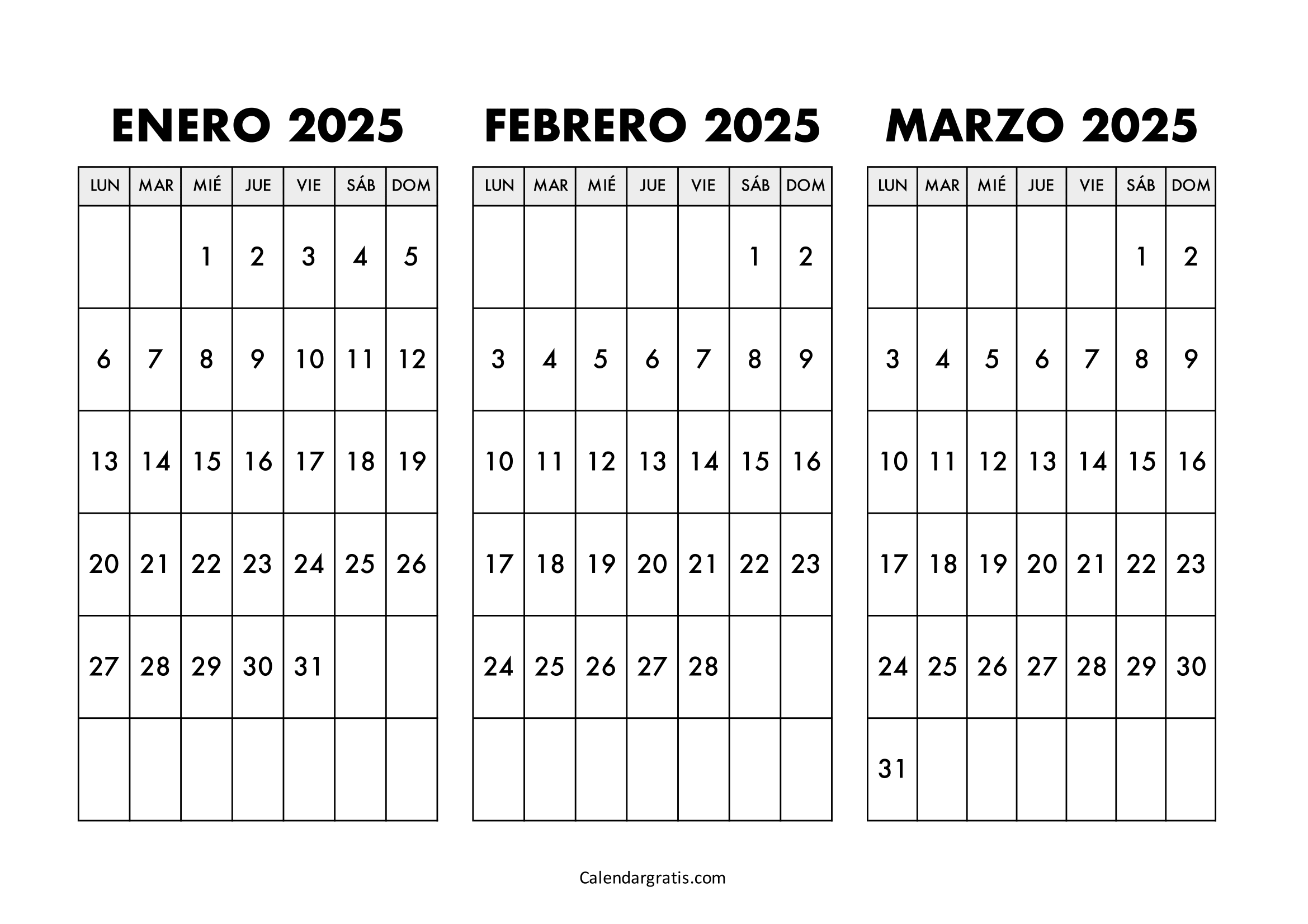 Calendario enero febrero y marzo 2025