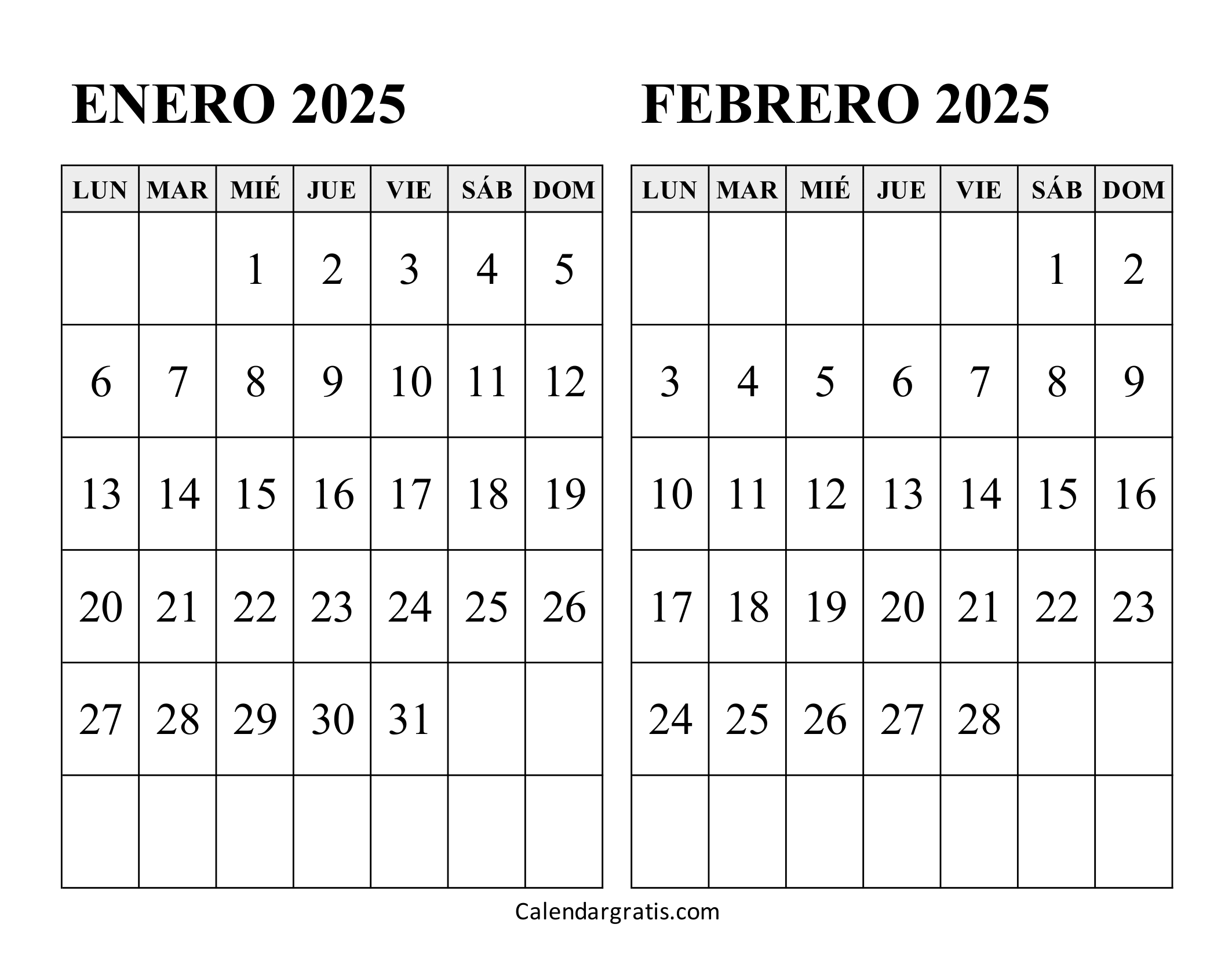 Calendario enero y febrero 2025