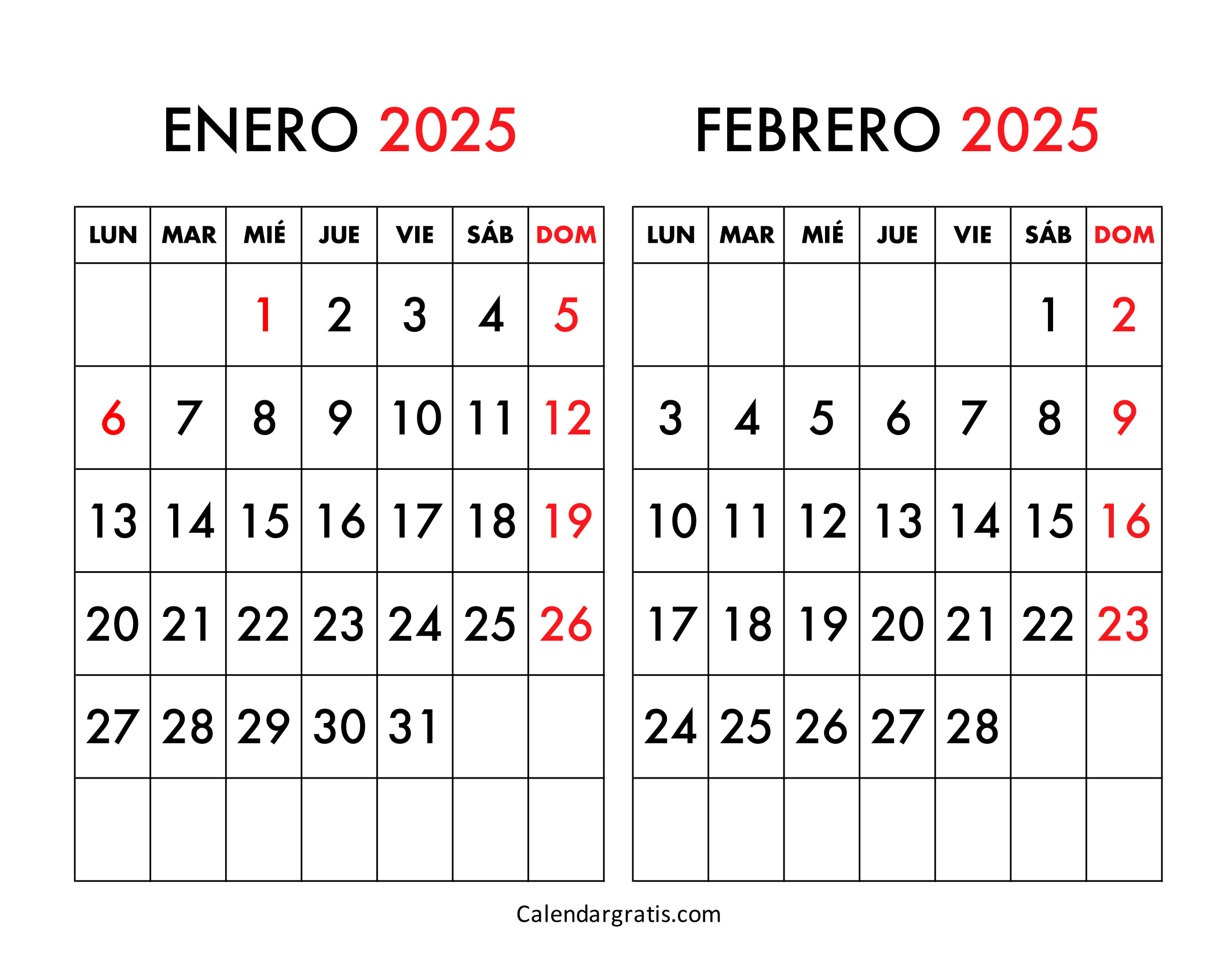 Calendario enero y febrero 2025 España
