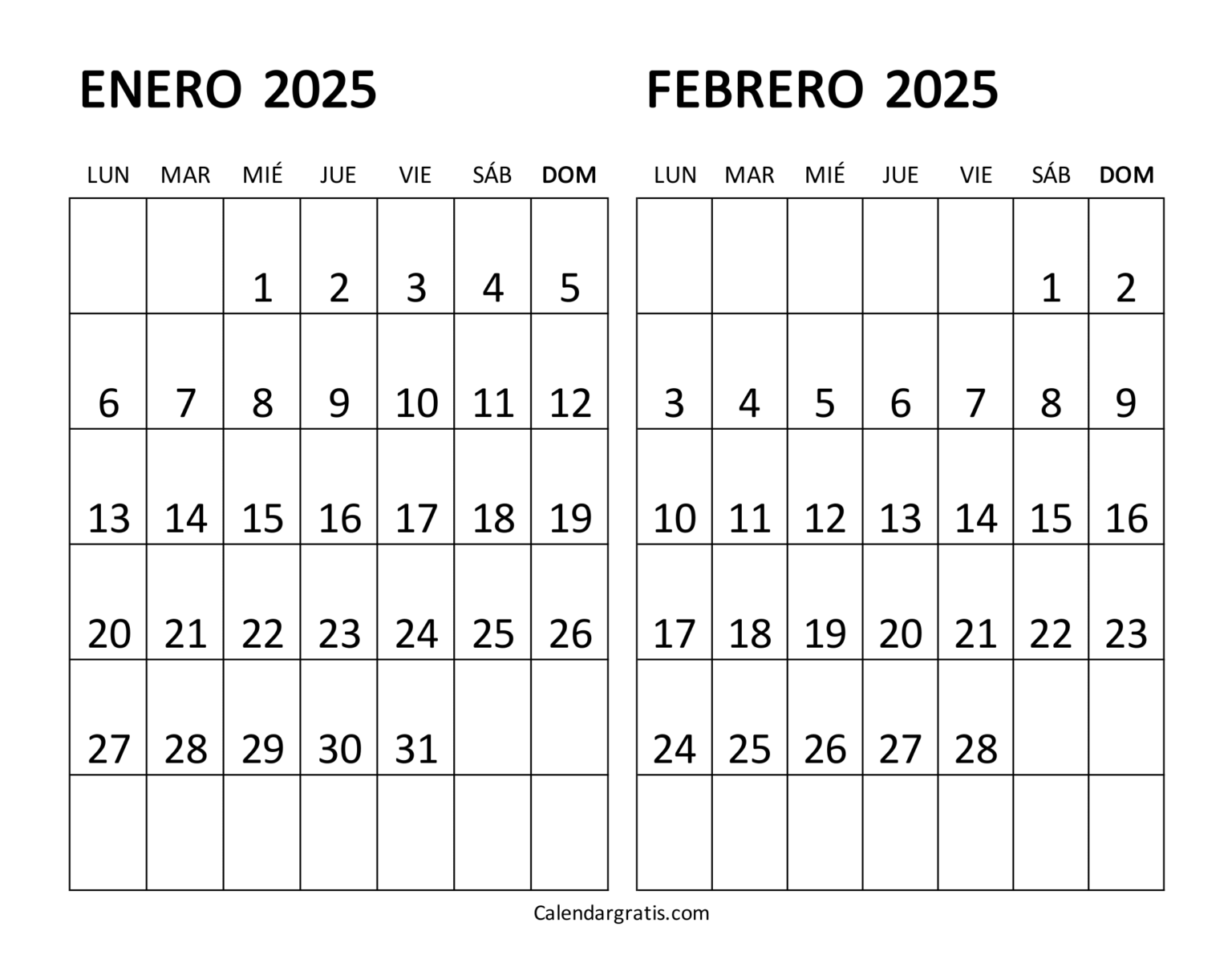 Calendario enero y febrero 2025 para imprimir gratis