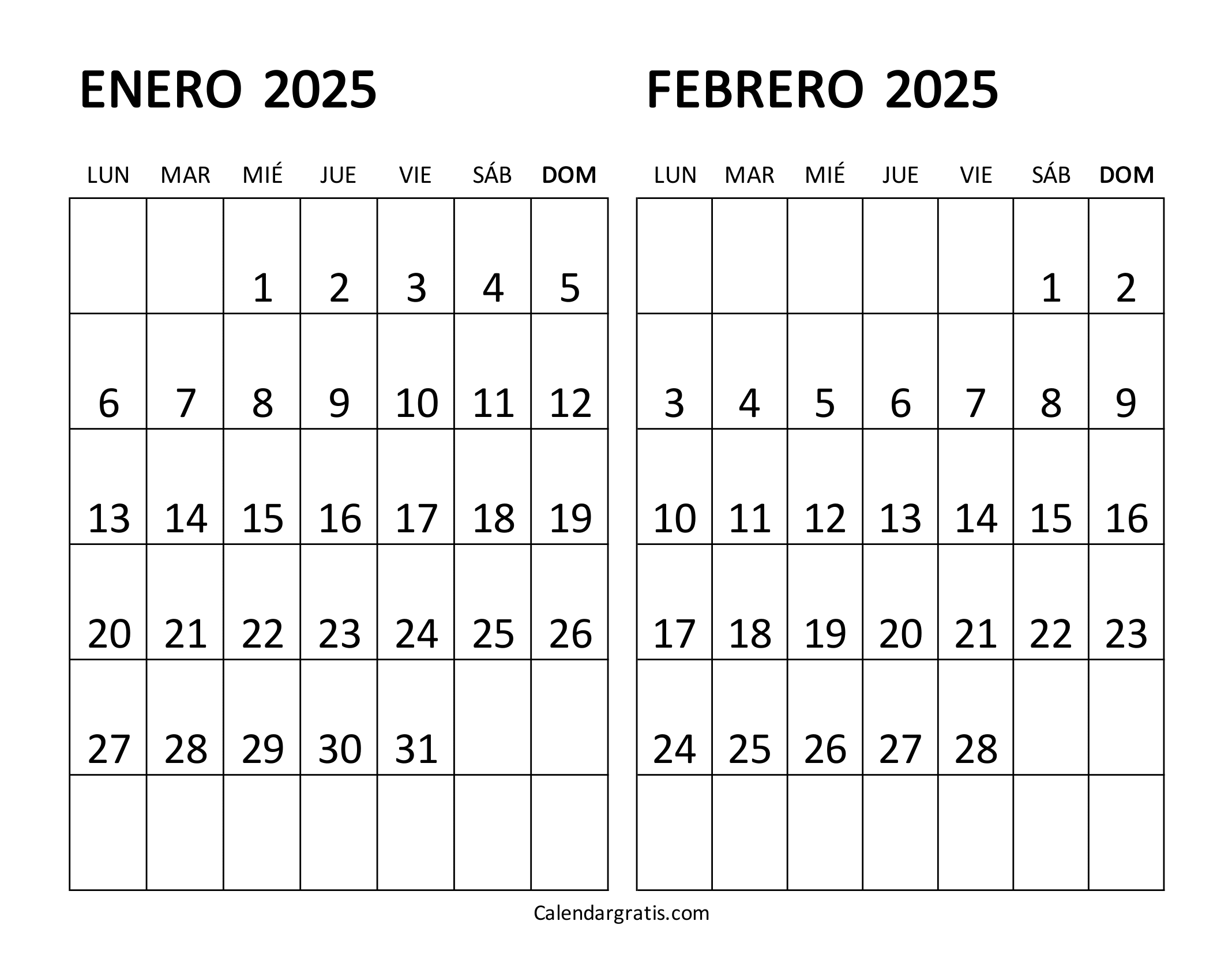 Calendario enero y febrero 2025 para imprimir