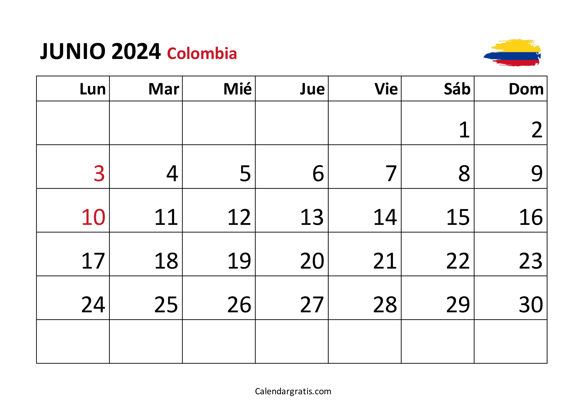 Calendario junio 2024 Colombia