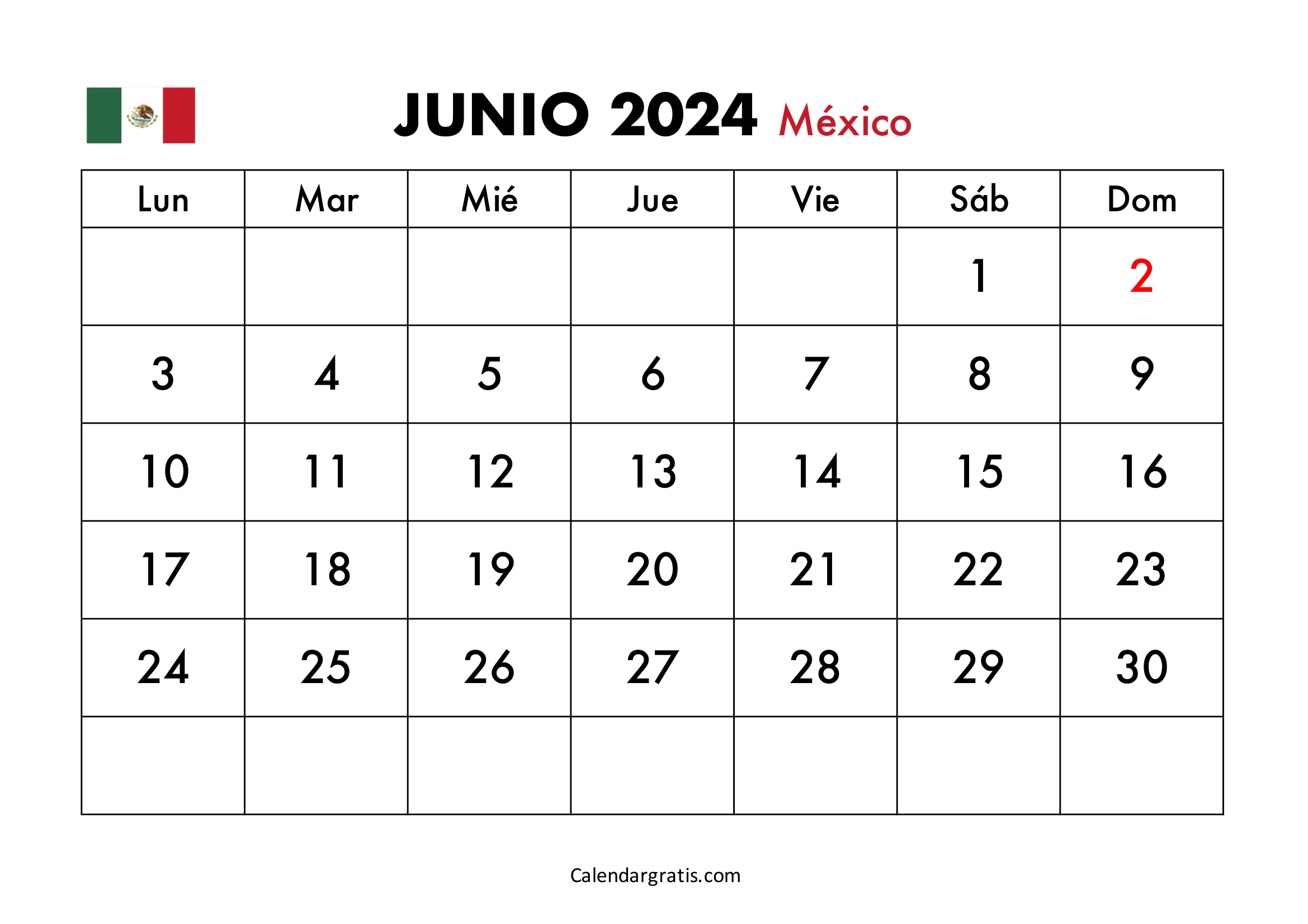 Calendario junio 2024 México