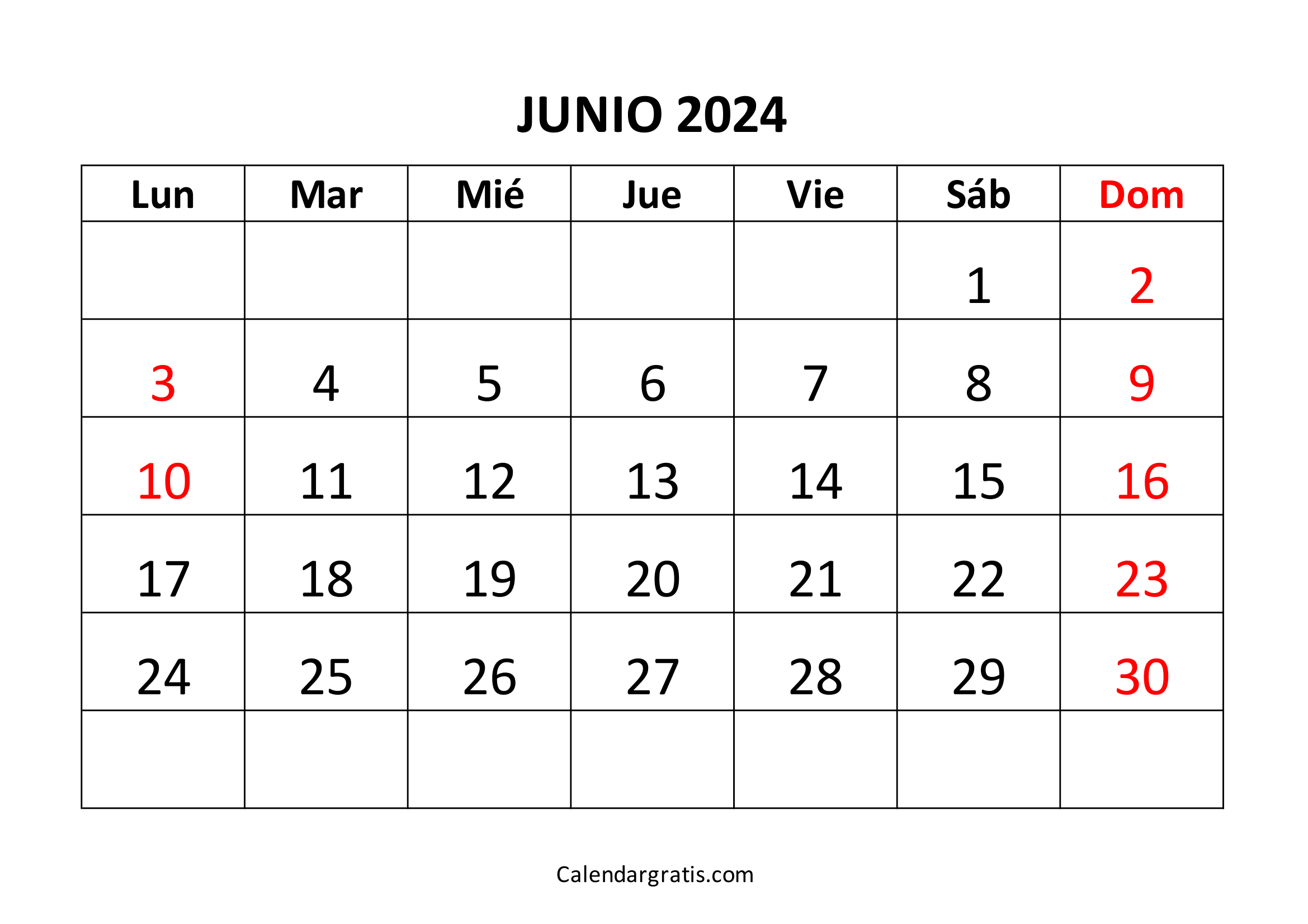 Calendario junio 2024 para imprimir Colombia