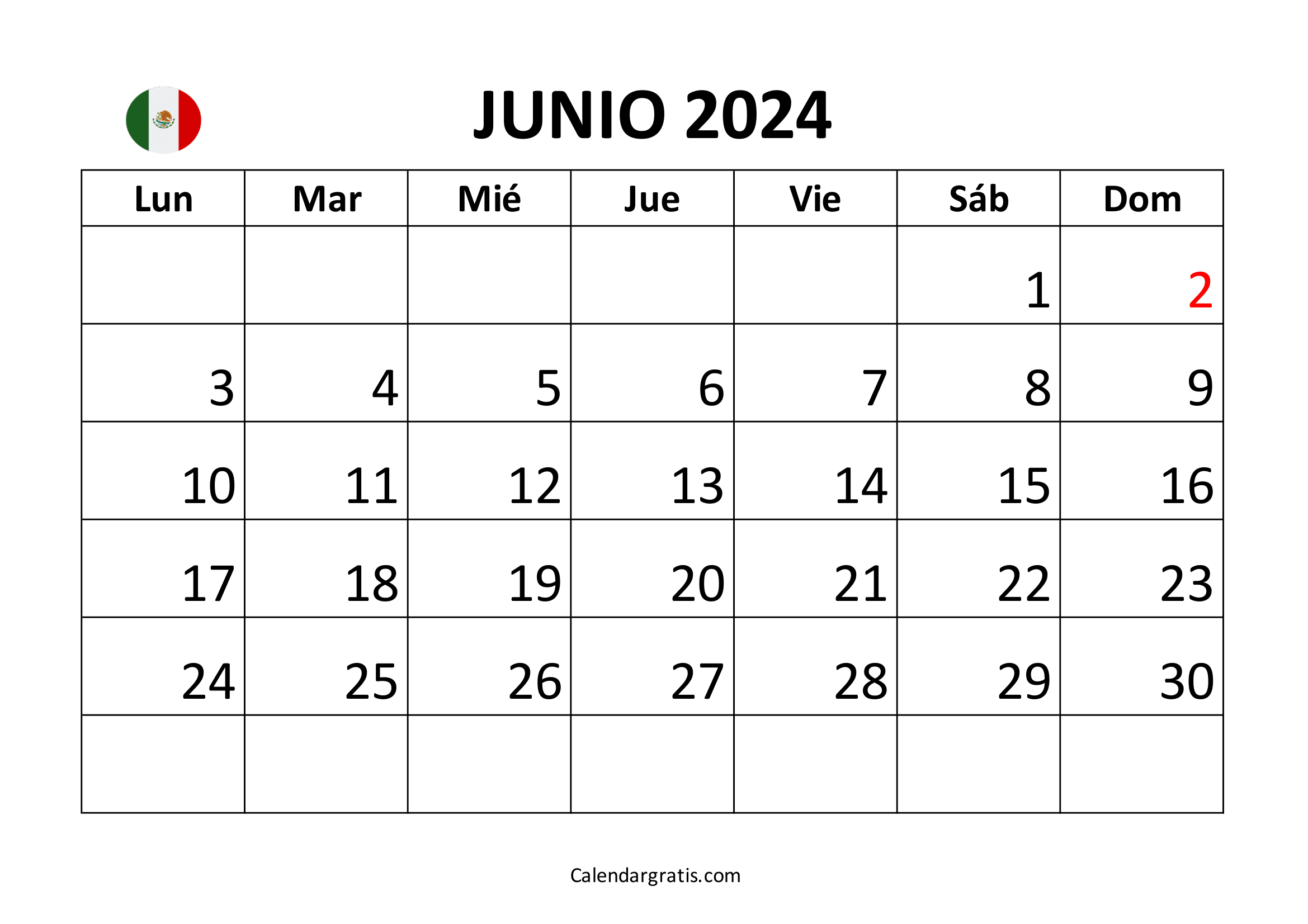Calendario junio 2024 para imprimir México