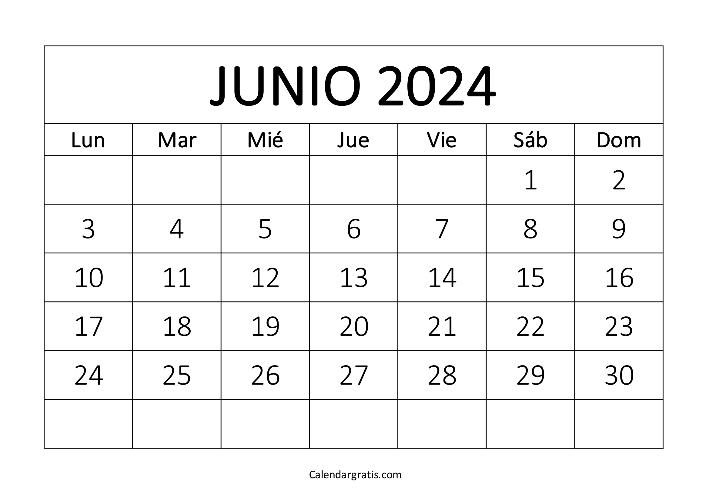 Calendario junio 2024 para imprimir gratis