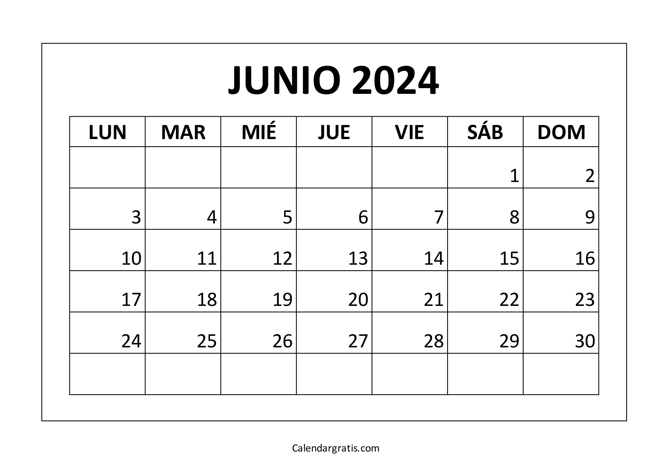 Calendario junio 2024 para imprimir