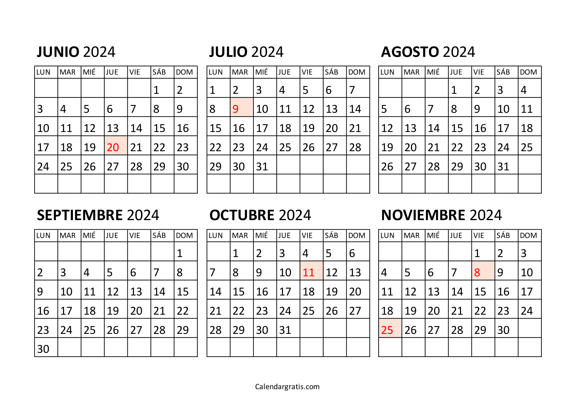 Calendario junio a noviembre 2024 Argentina