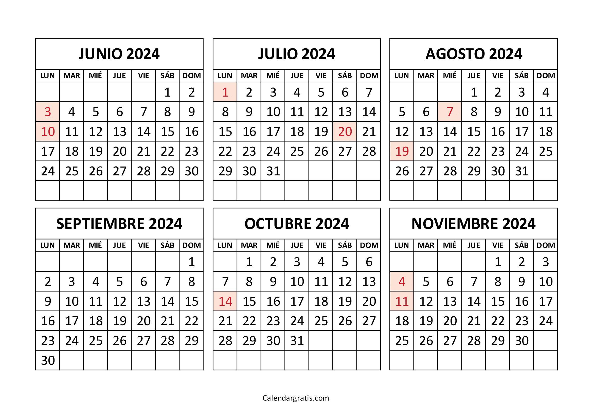 Calendario junio a noviembre 2024 Colombia