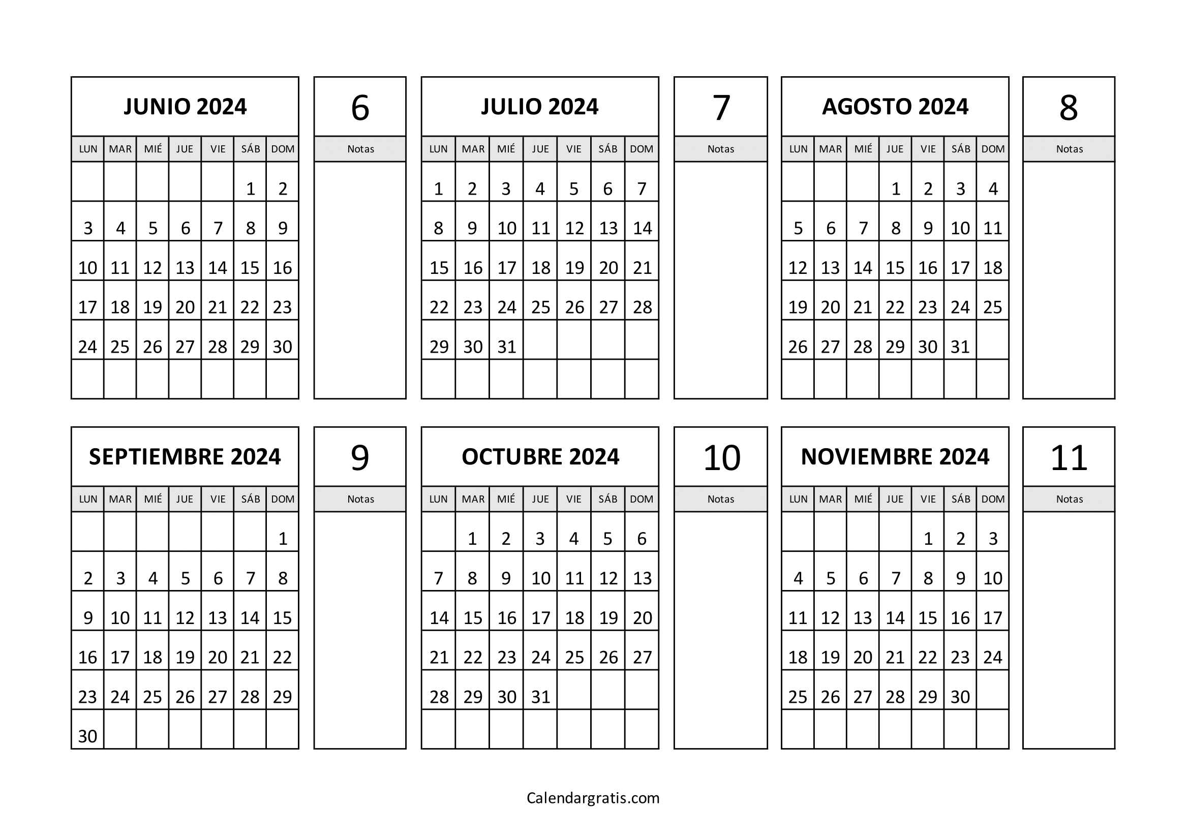 Calendario junio a noviembre 2024 España