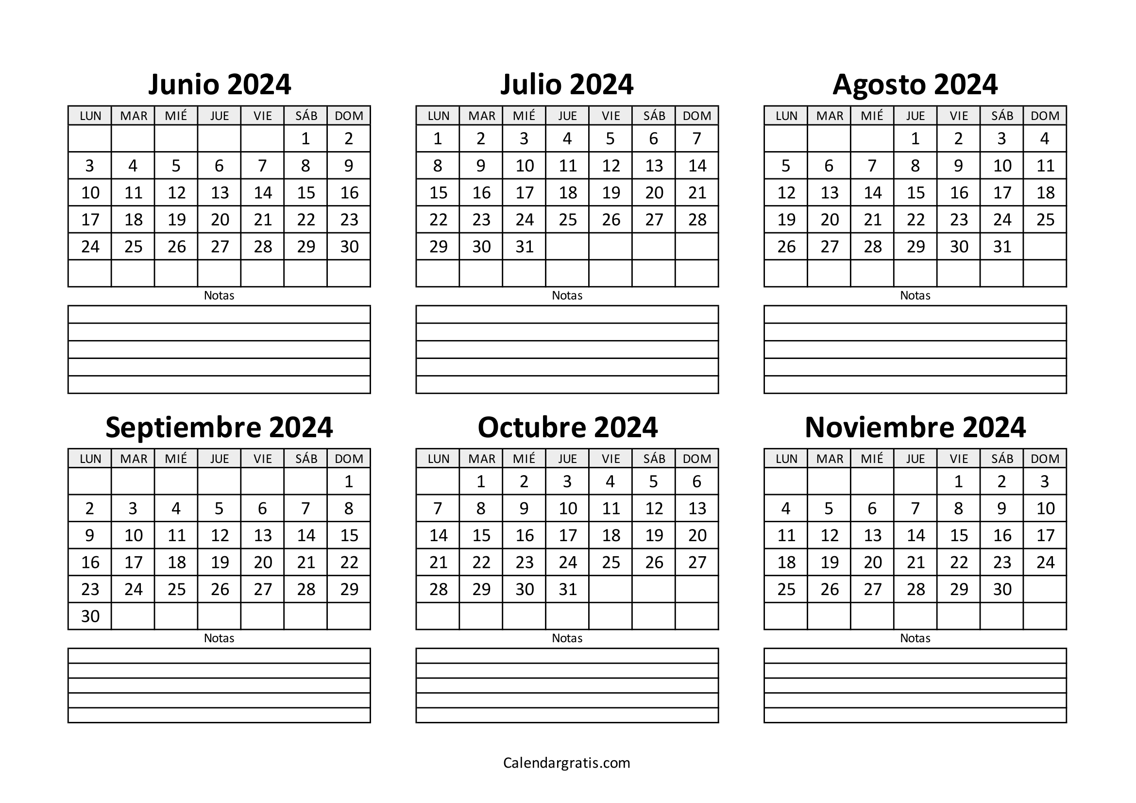 Calendario junio a noviembre 2024 México