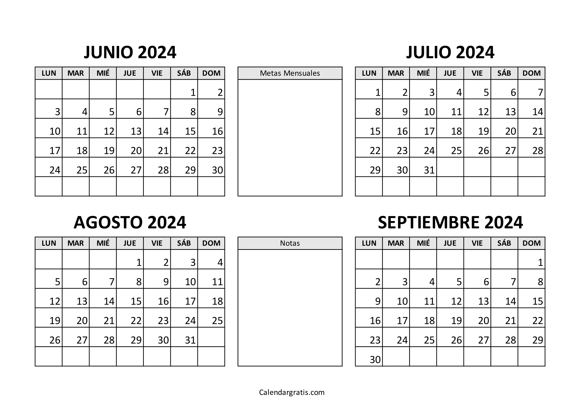 Calendario junio julio agosto septiembre 2024 para imprimir