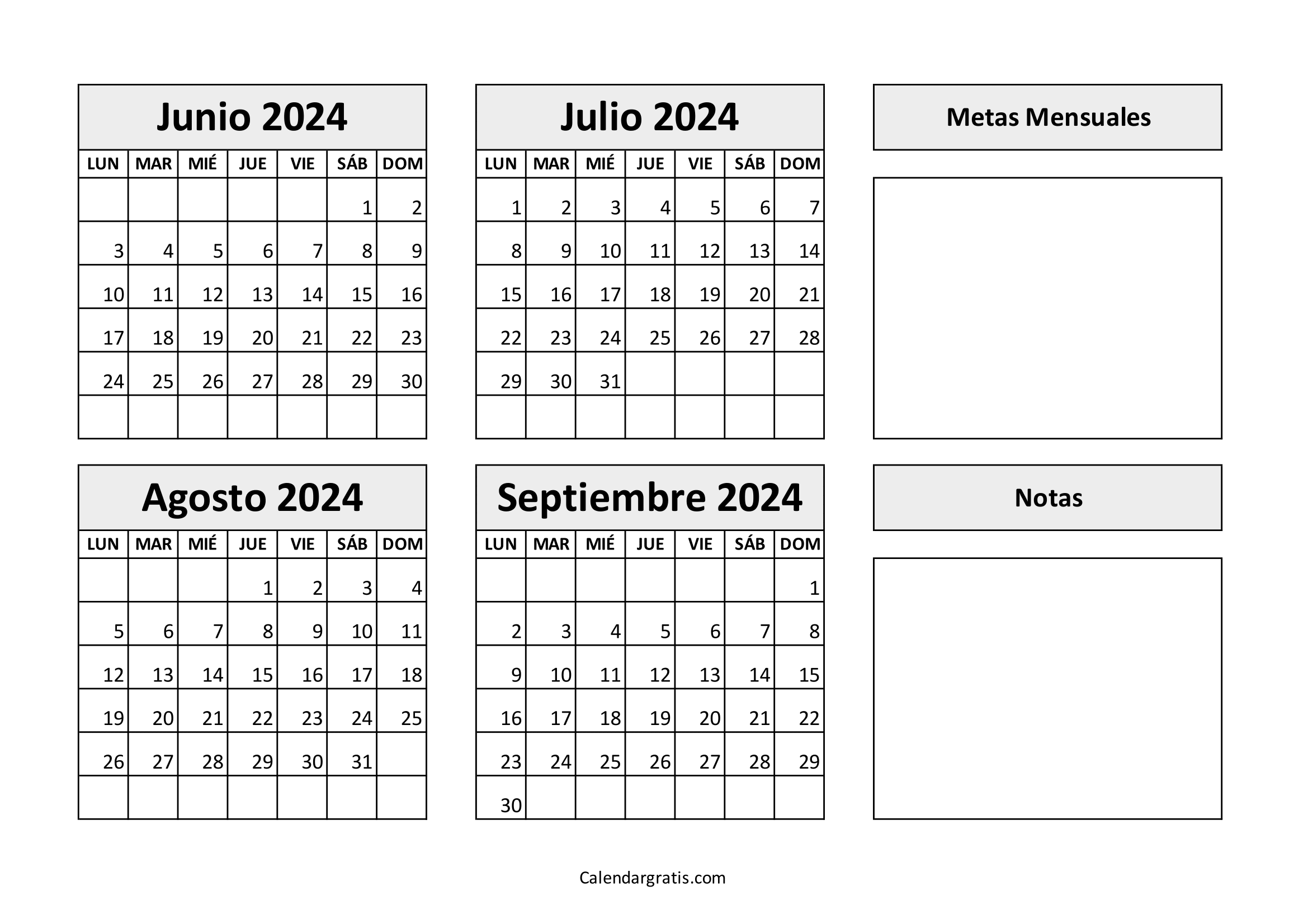 Calendario junio julio agosto septiembre 2024