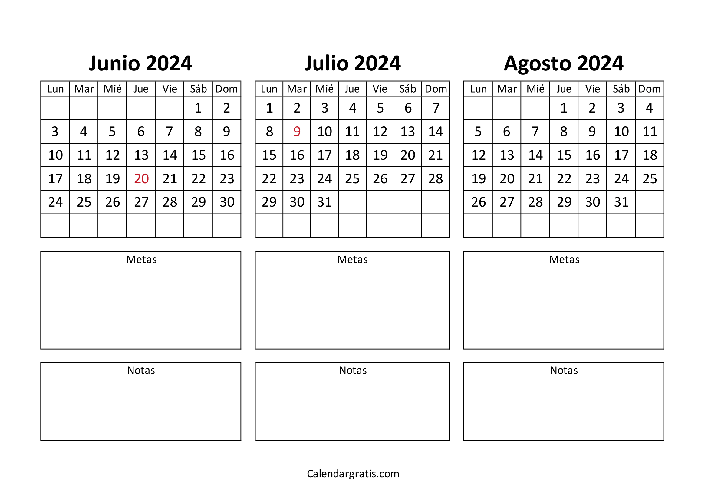 Calendario junio julio y agosto 2024 Argentina