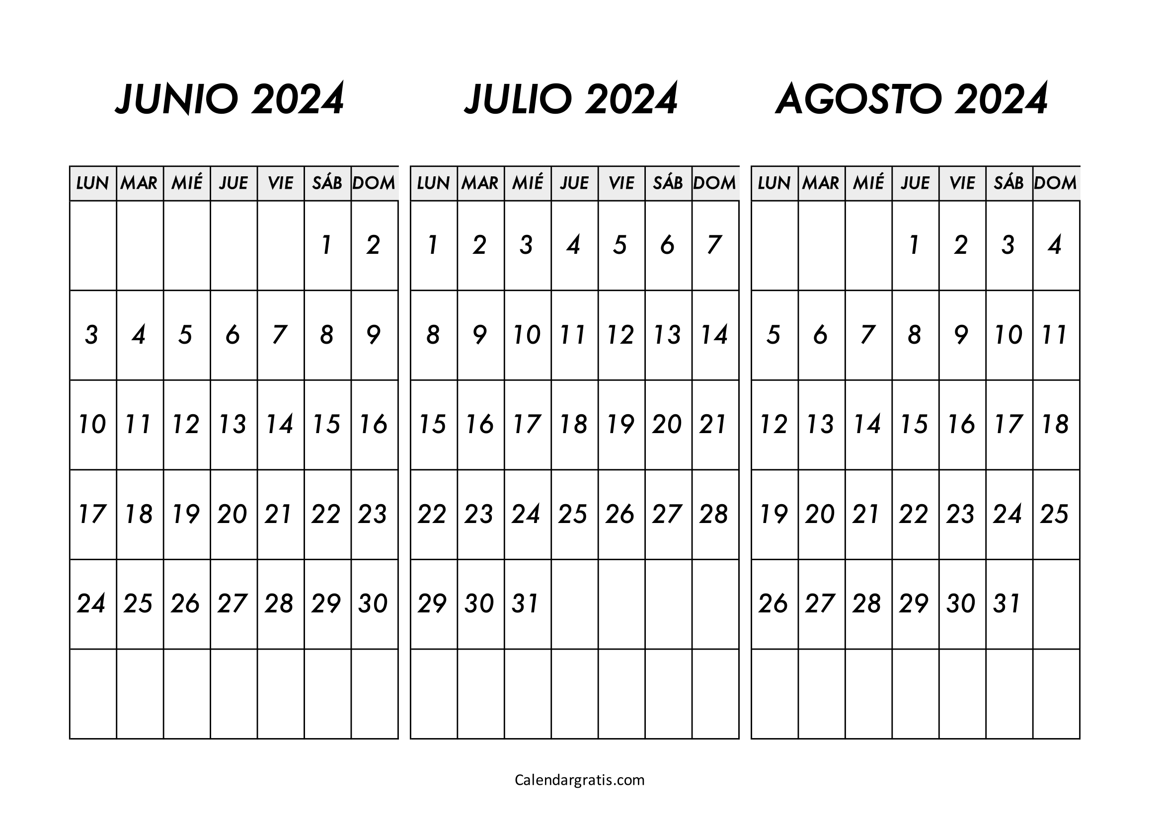 Calendario junio julio y agosto 2024 gratis