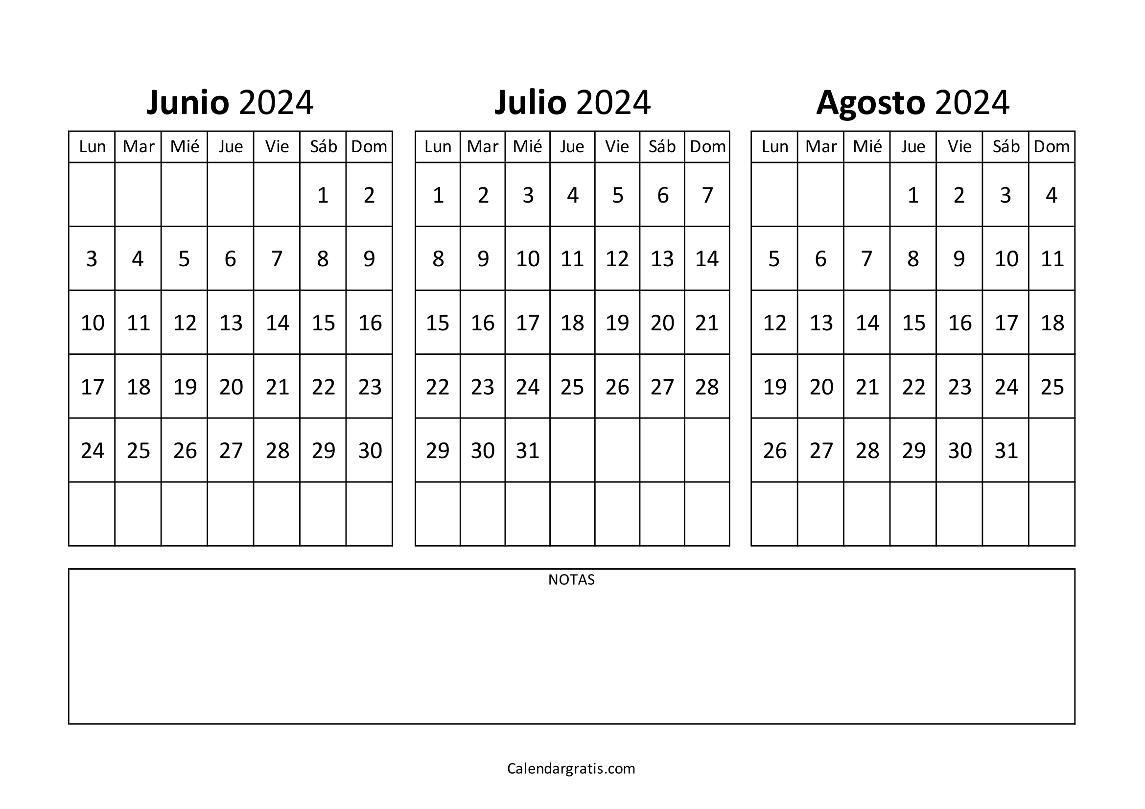 Calendario junio julio y agosto 2024