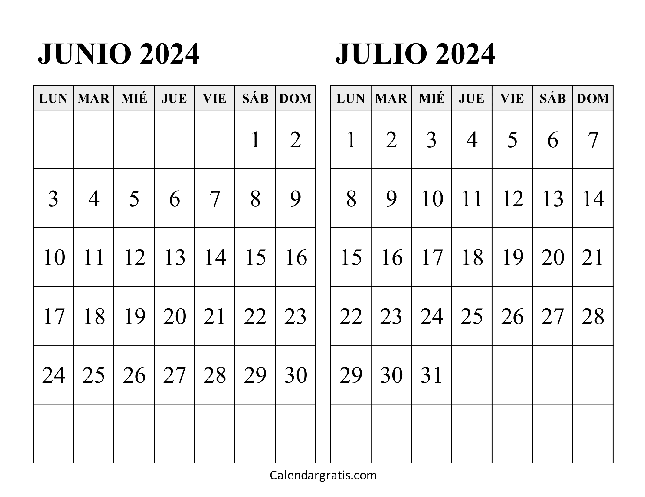 Calendario junio y julio 2024 para imprimir gratis