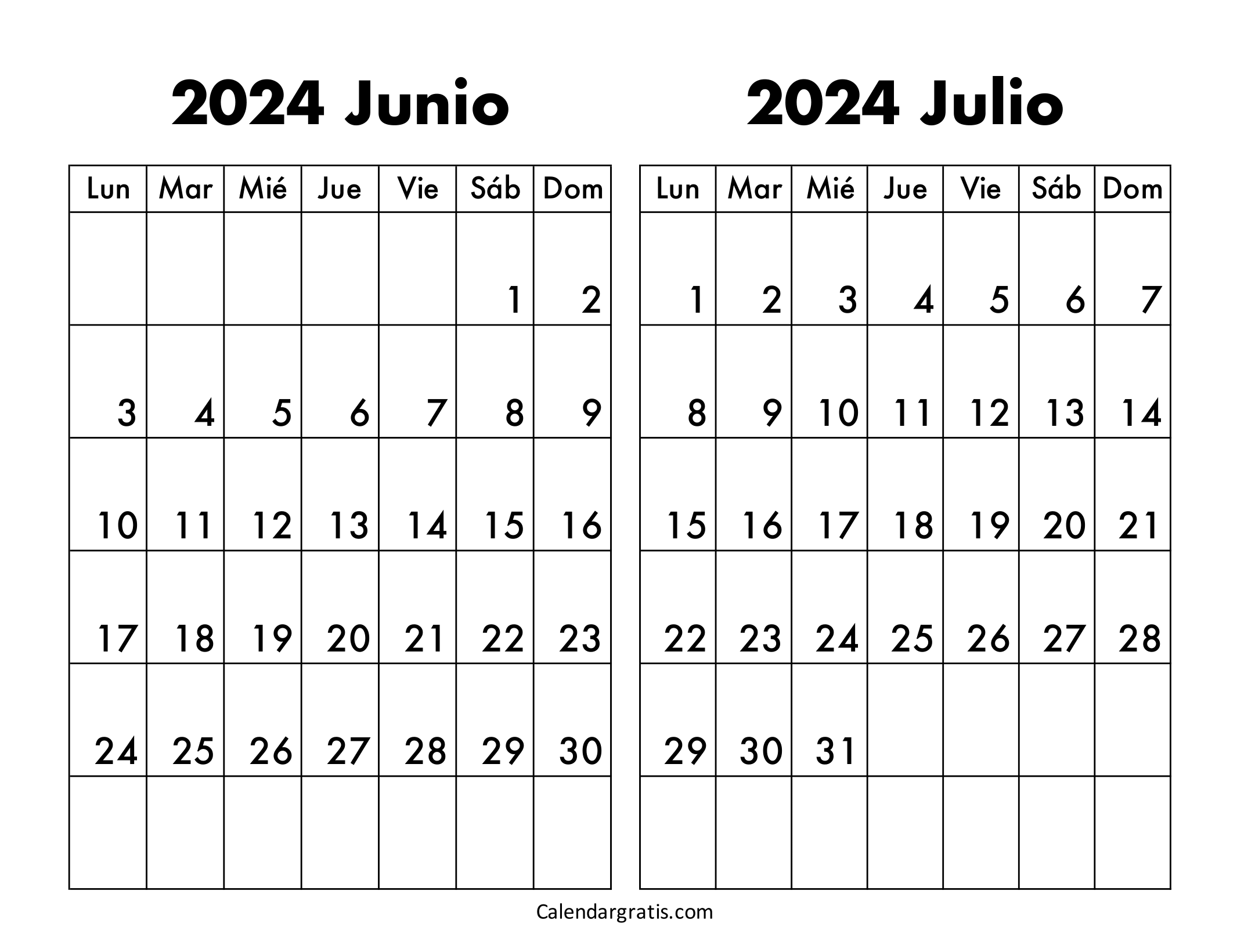 Calendario junio y julio 2024 para imprimir