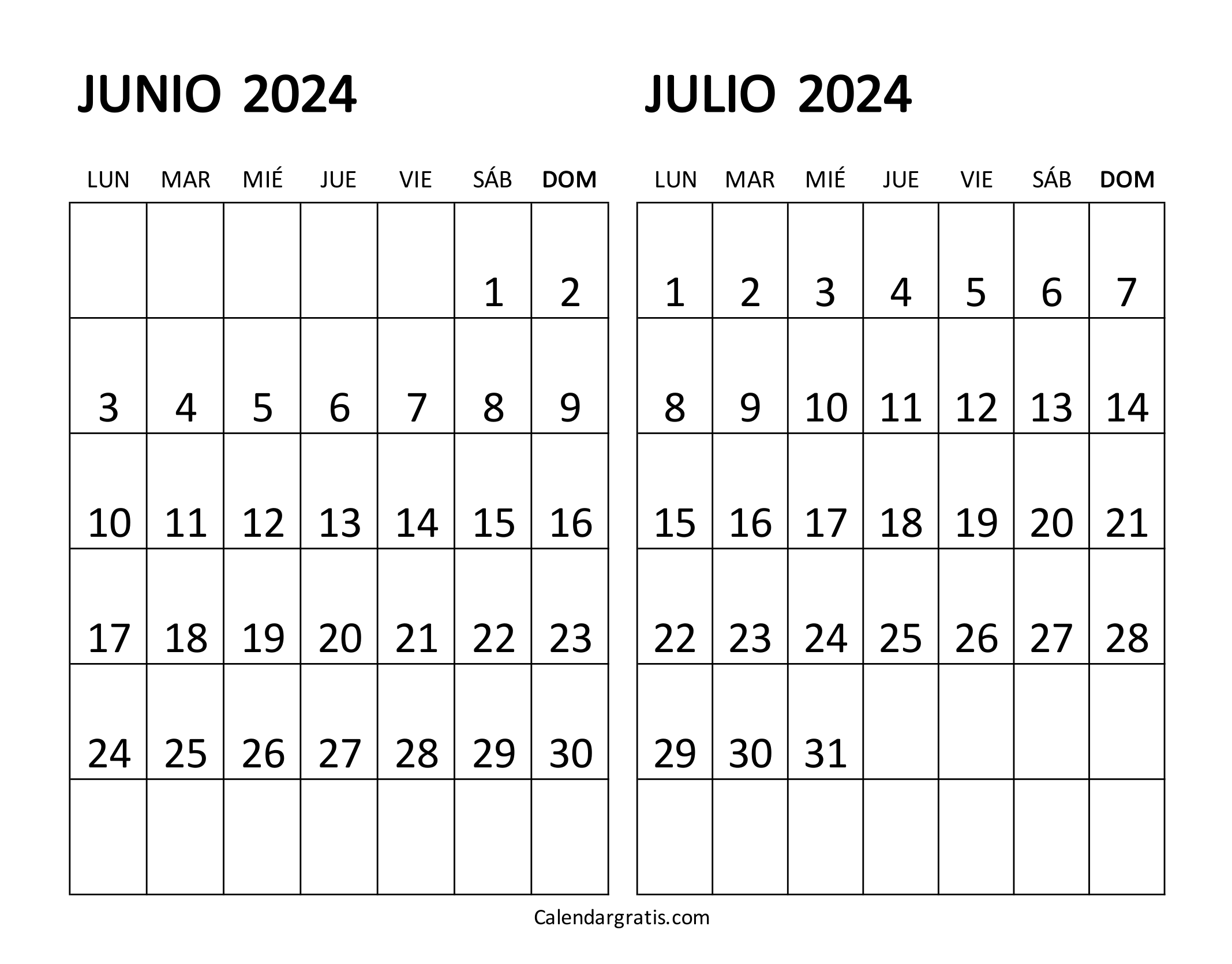 Calendario junio y julio 2024