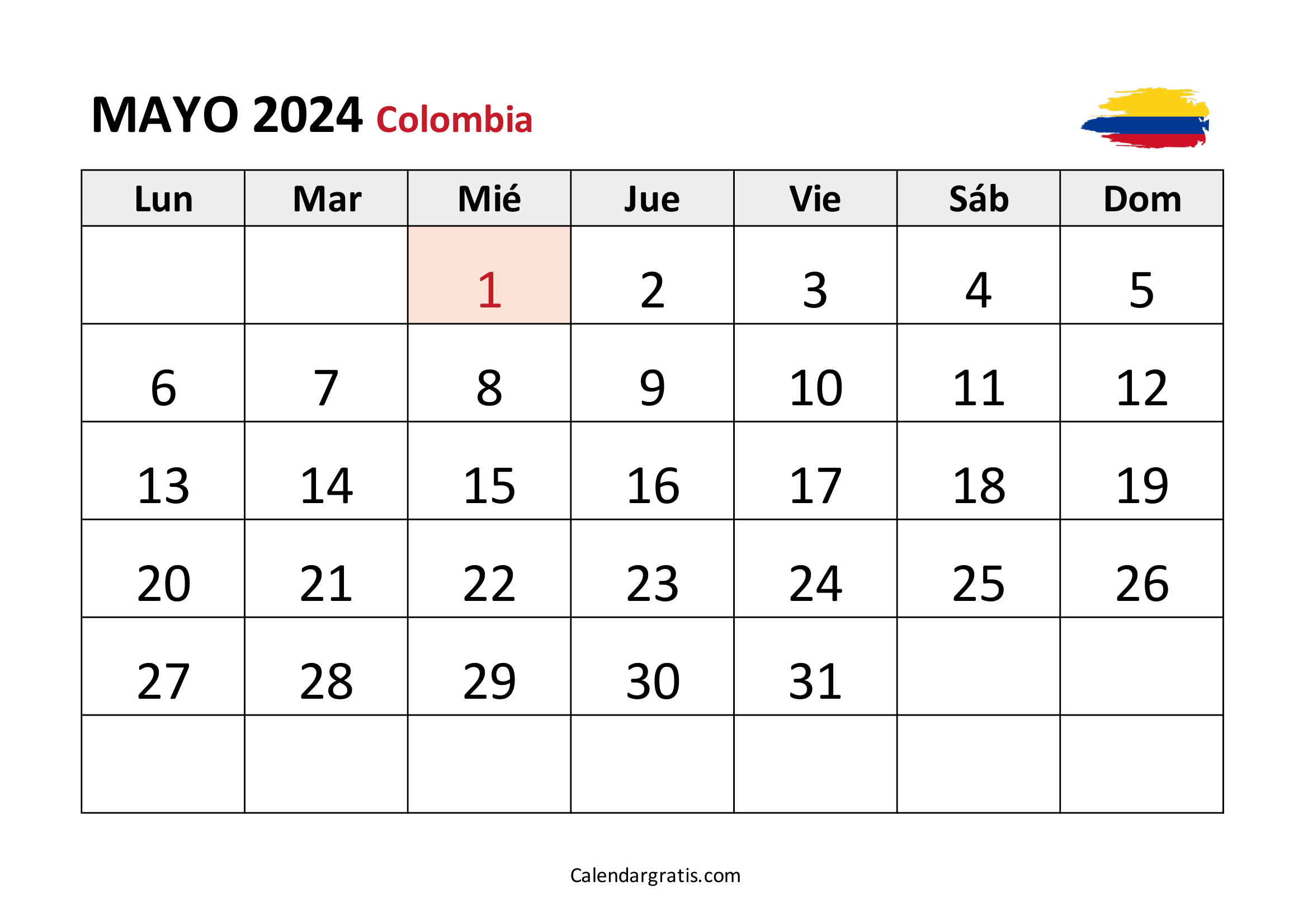 Calendario mayo 2024 Colombia
