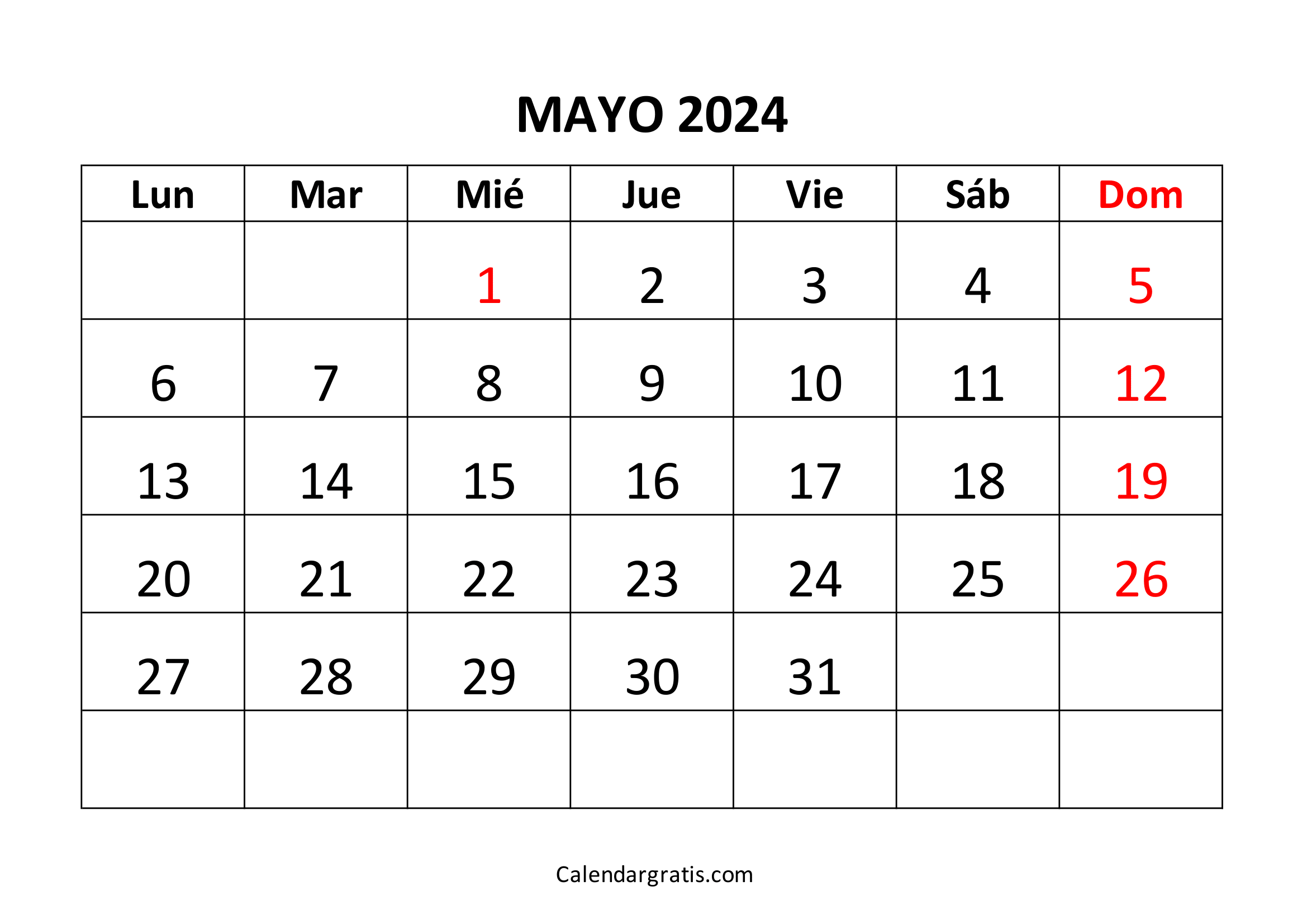 Calendario mayo 2024 para imprimir Colombia