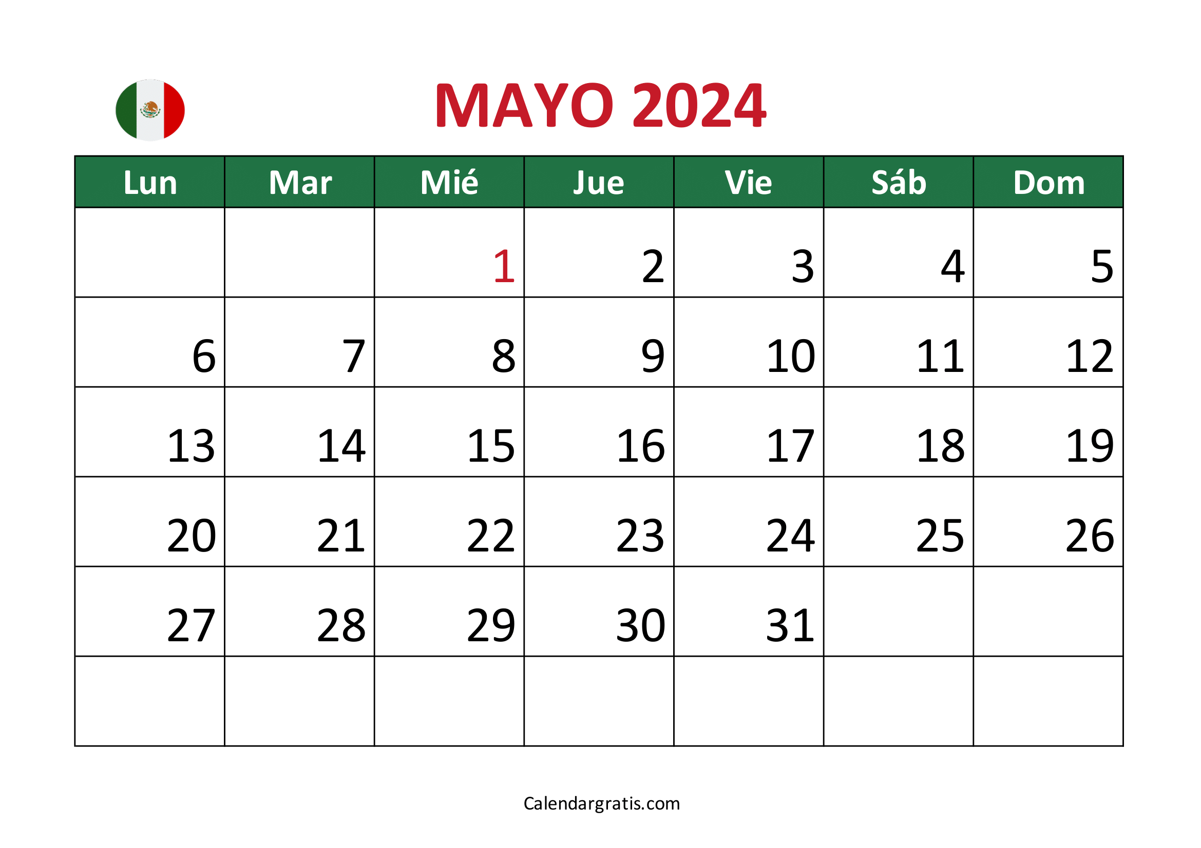 Calendario mayo 2024 para imprimir México