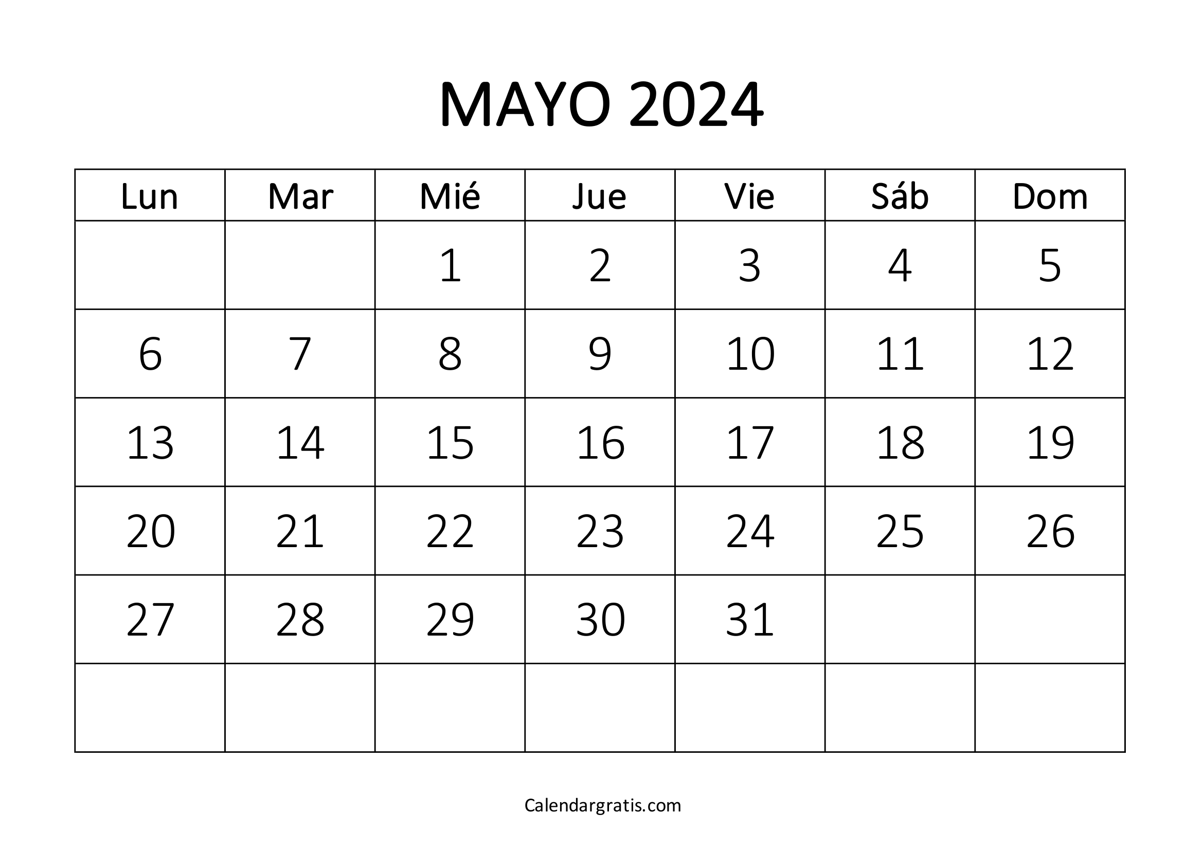 Calendario mayo 2024 para imprimir gratis