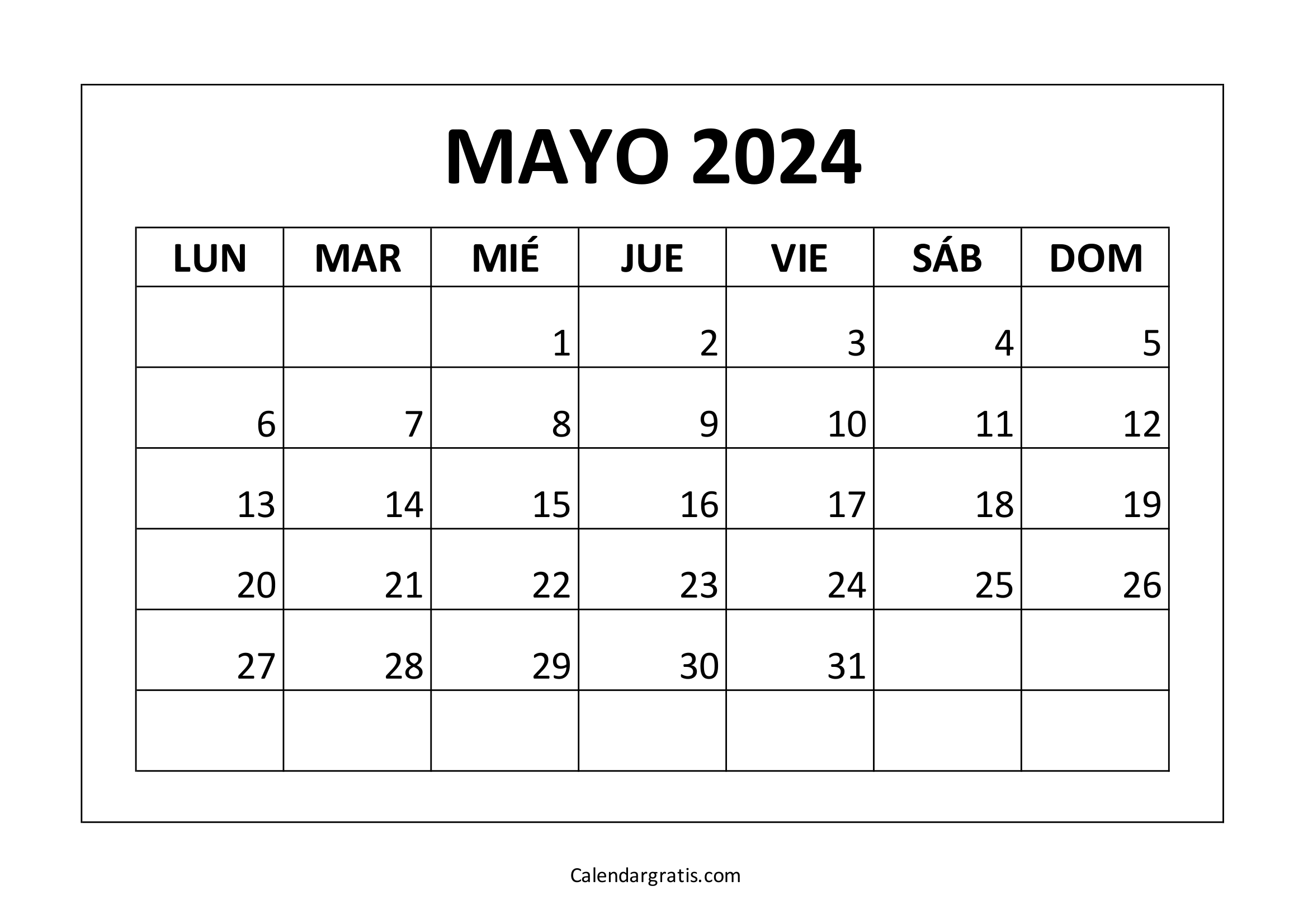 Calendario Mayo 2024 para Imprimir