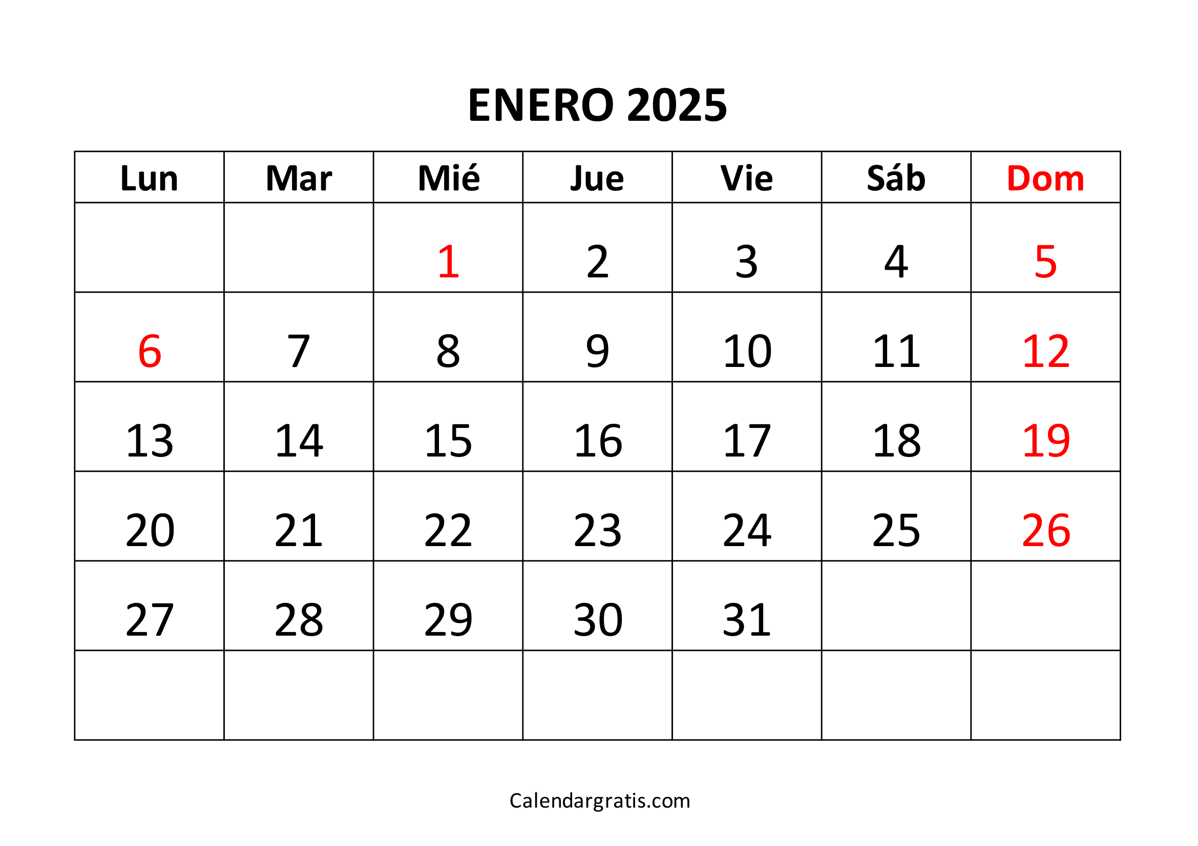 Calendario para imprimir enero 2025 Colombia