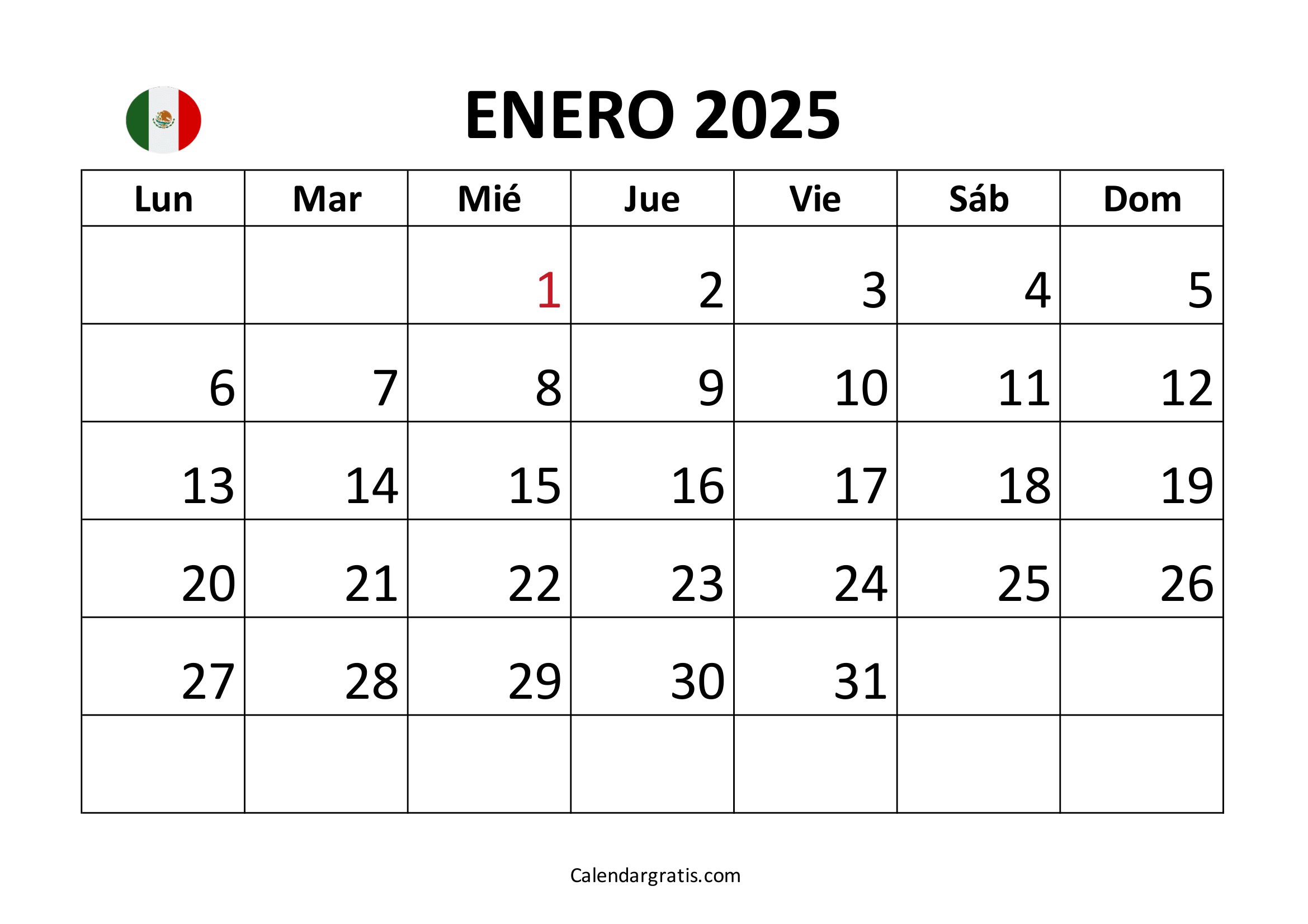 Calendario para imprimir enero 2025 México