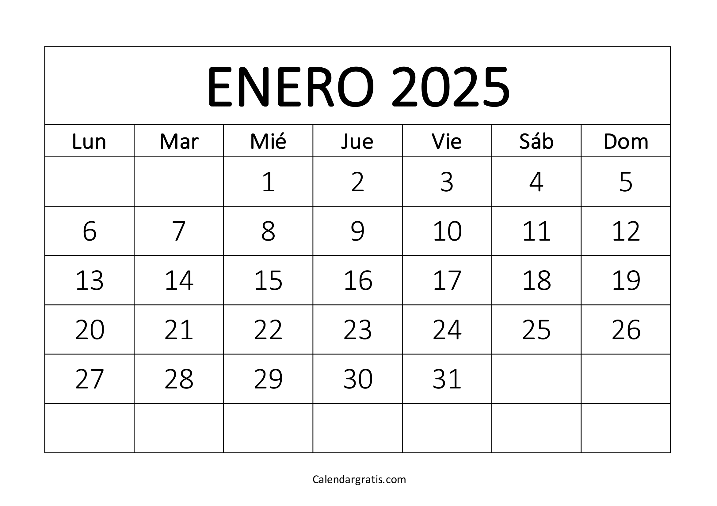 Calendario para imprimir enero 2025 gratis