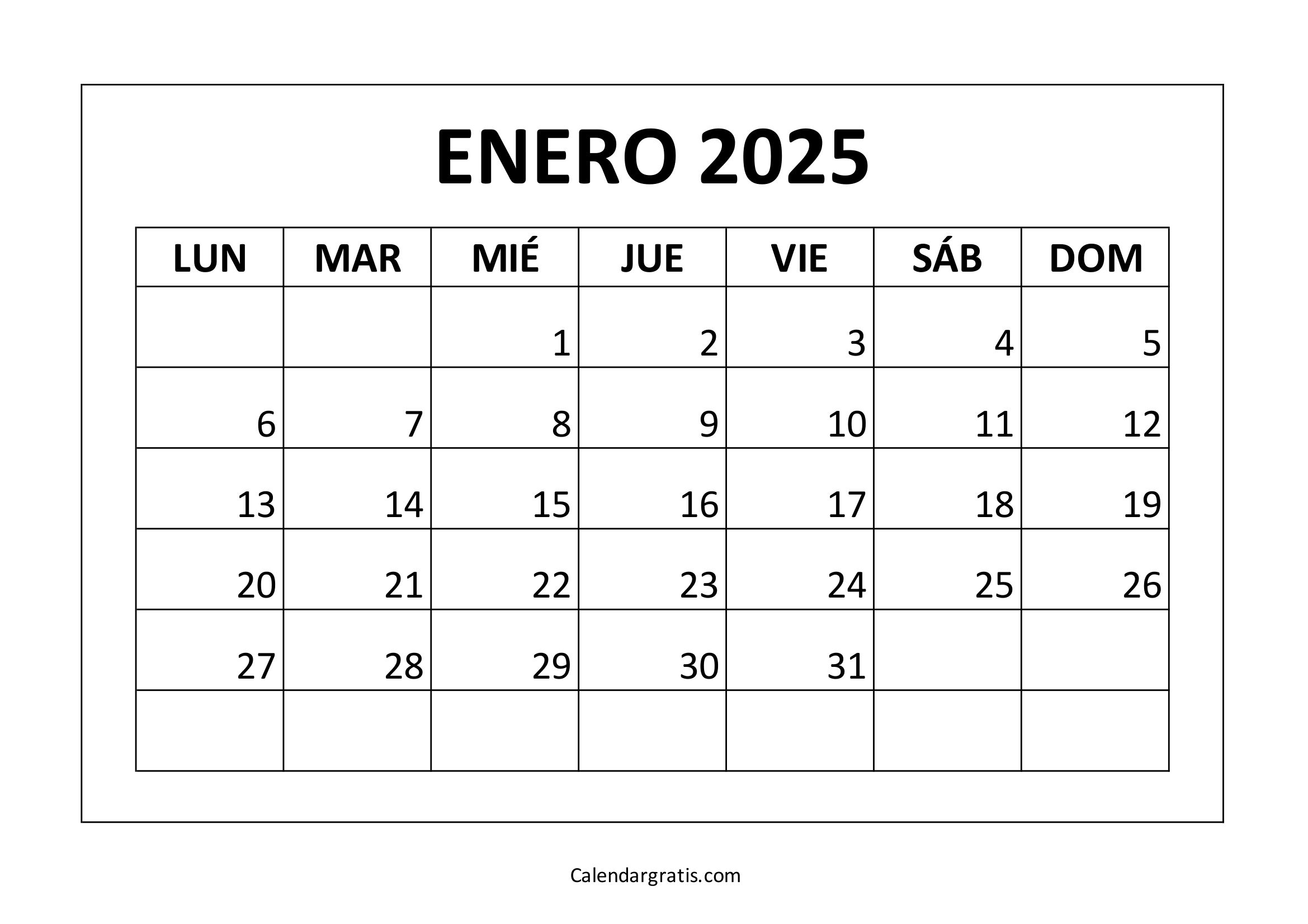 Calendario para imprimir enero 2025