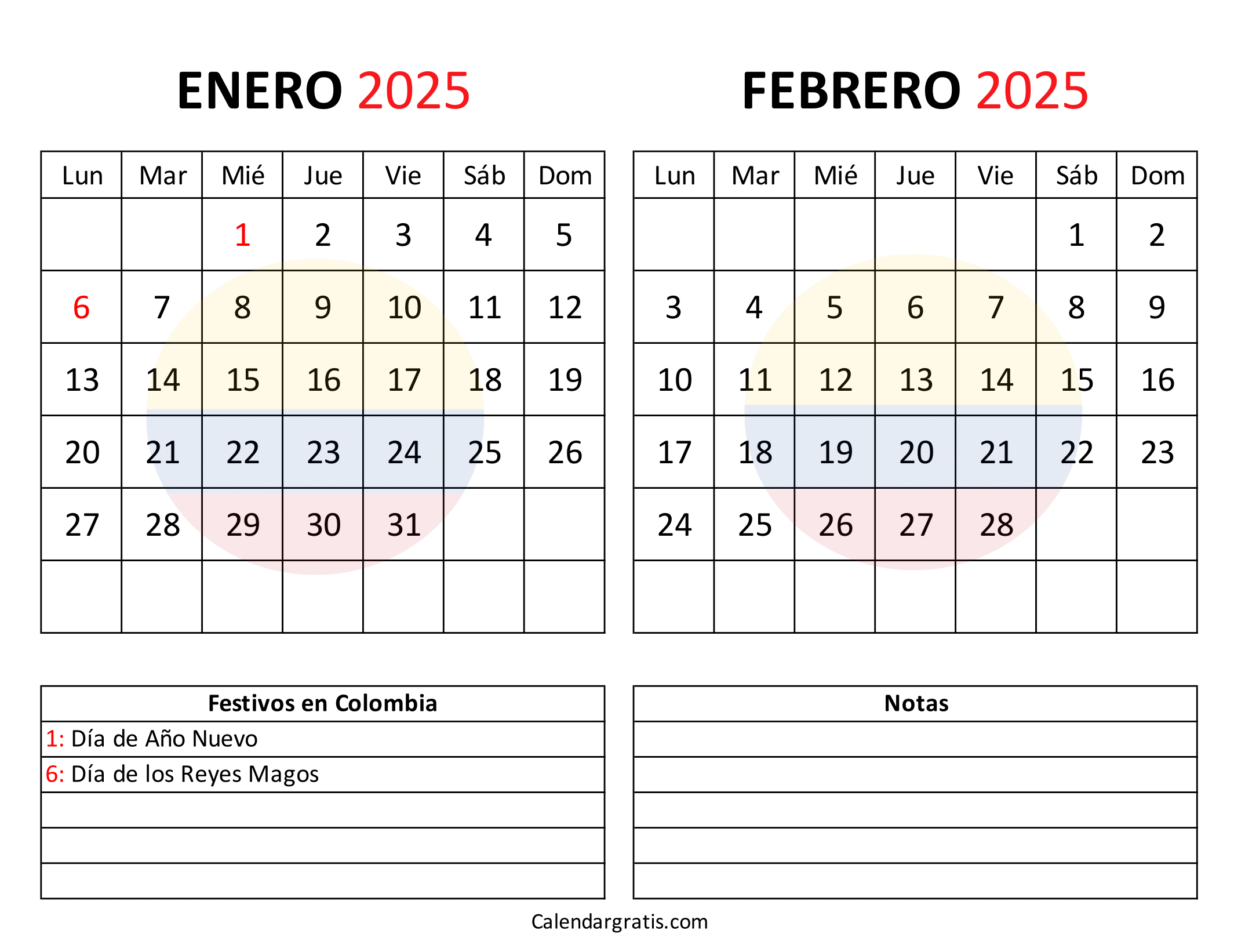 Enero febrero 2025 calendario Colombia