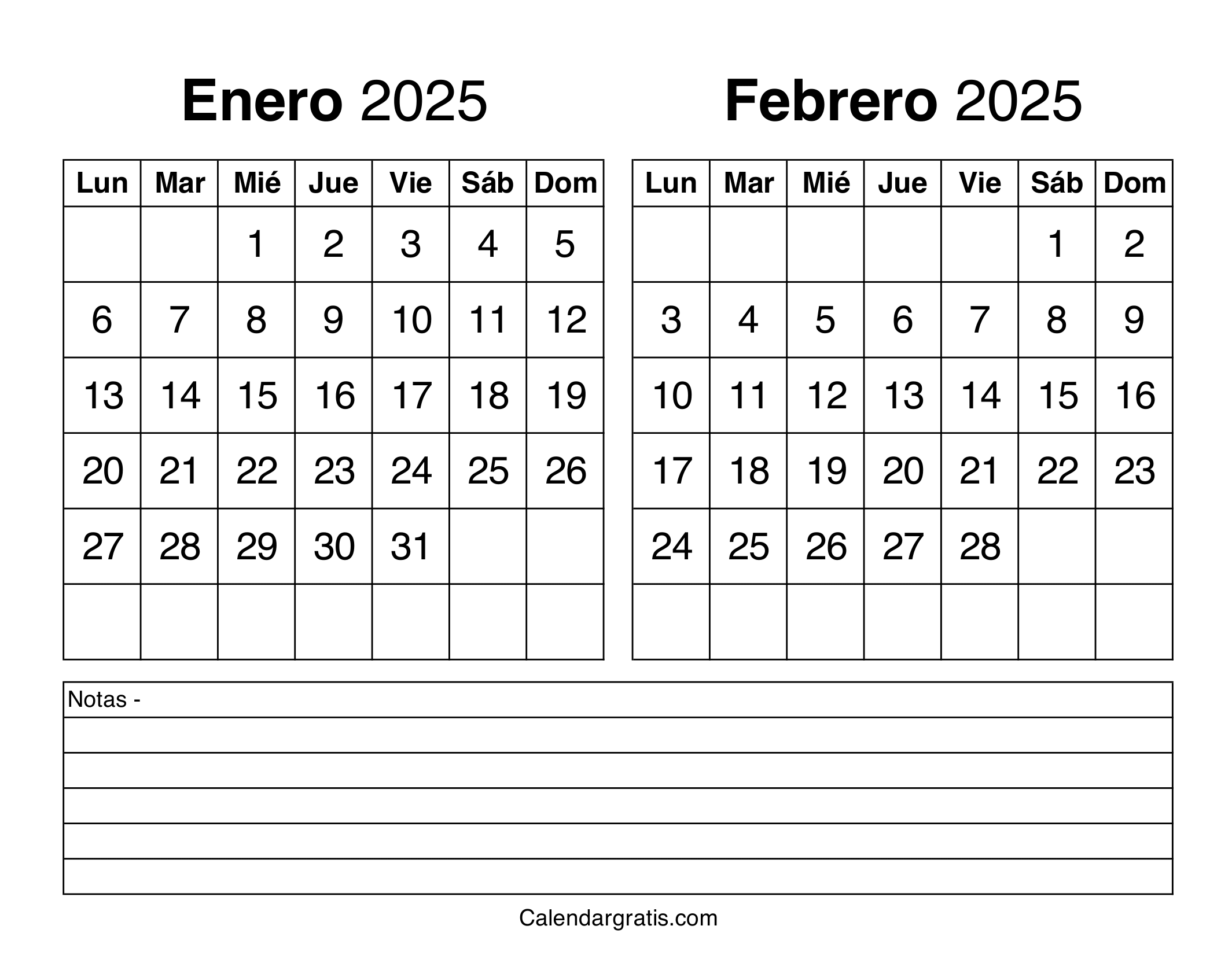 Enero febrero 2025 calendario gratis