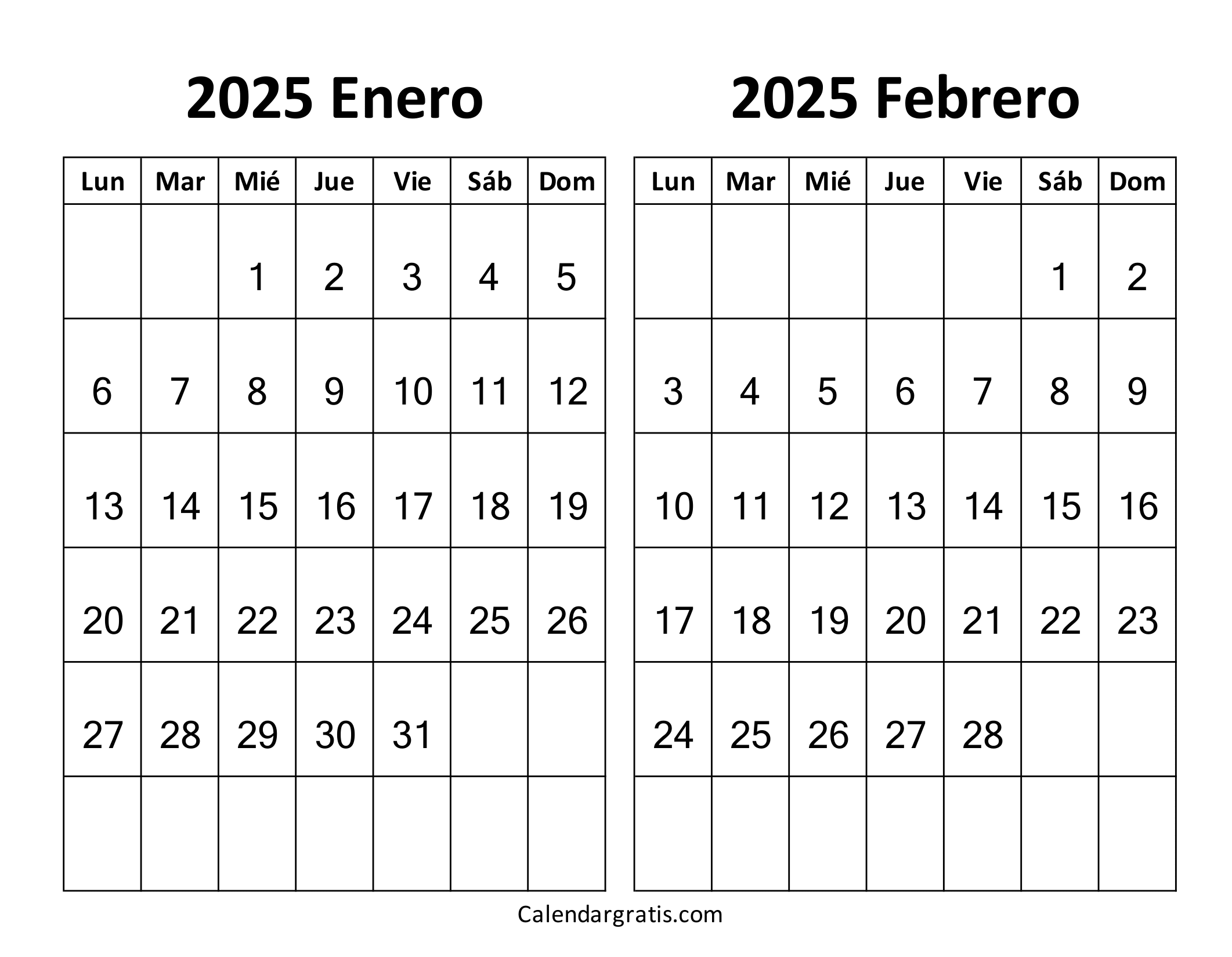 Enero febrero 2025 calendario para imprimir